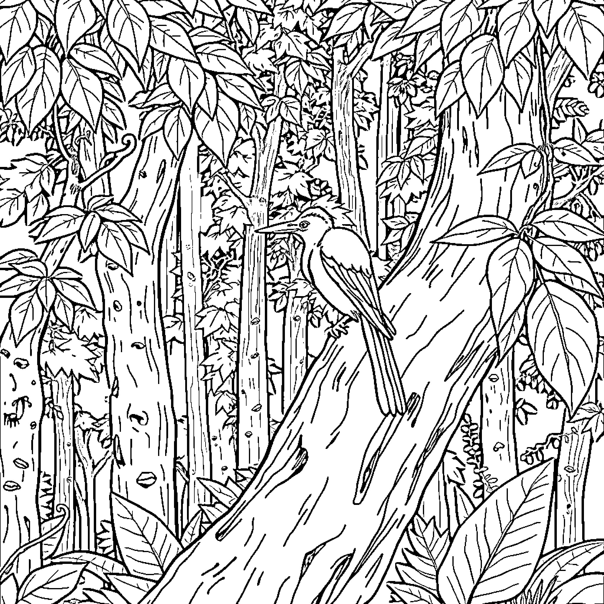 Bird perching amidst lush foliage Coloring Page (free black-and-white line drawing printable PDF for all, from beginners to advanced learners, including children, teens, adults, and seniors)