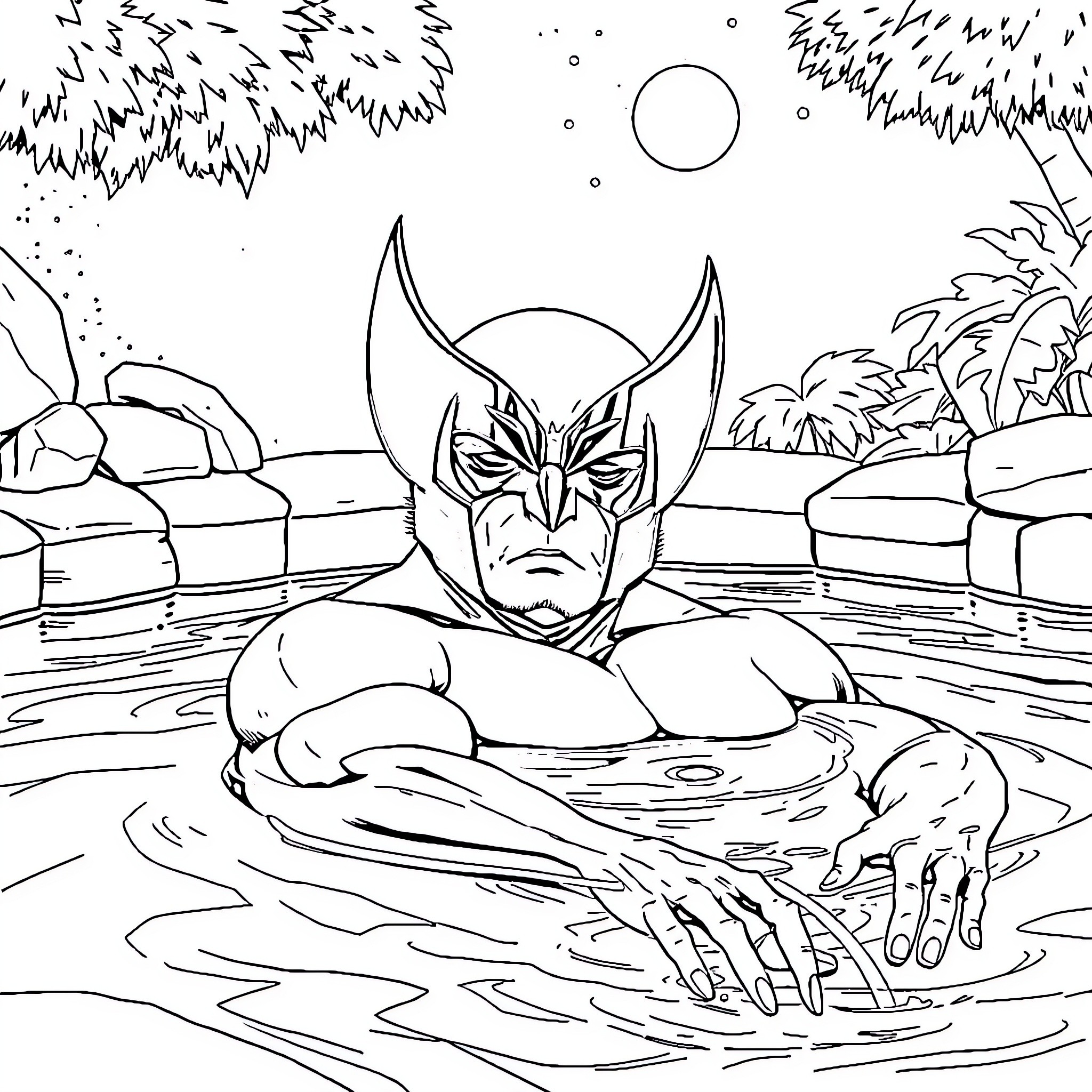 Wolverine Emerges from the Tranquil Waters Coloring Page (free black-and-white line drawing printable PDF for all, from beginners to advanced learners, including children, teens, adults, and seniors)