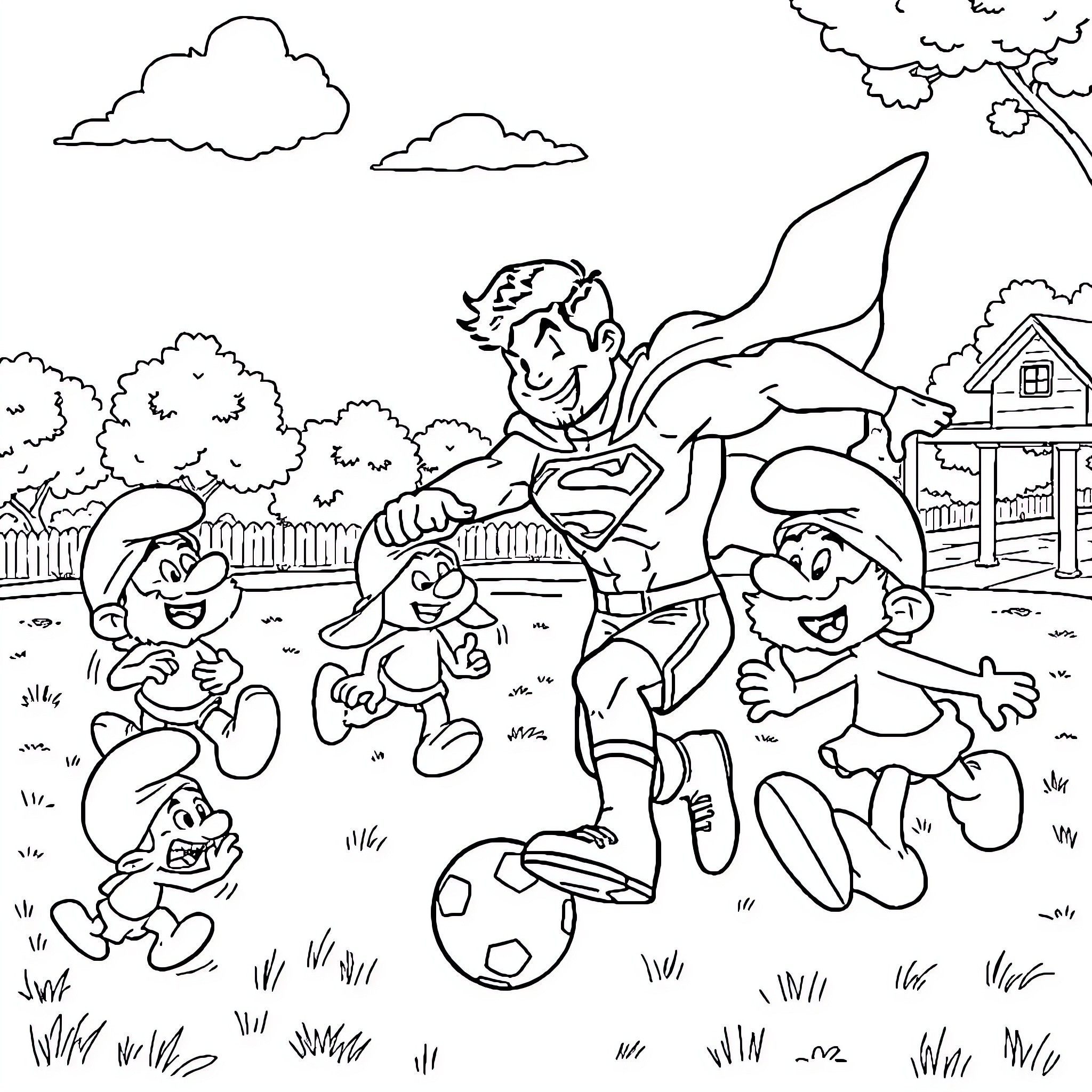 Superman and friends playing joyfully in the park Coloring Page (free black-and-white line drawing printable PDF for all, from beginners to advanced learners, including children, teens, adults, and seniors)