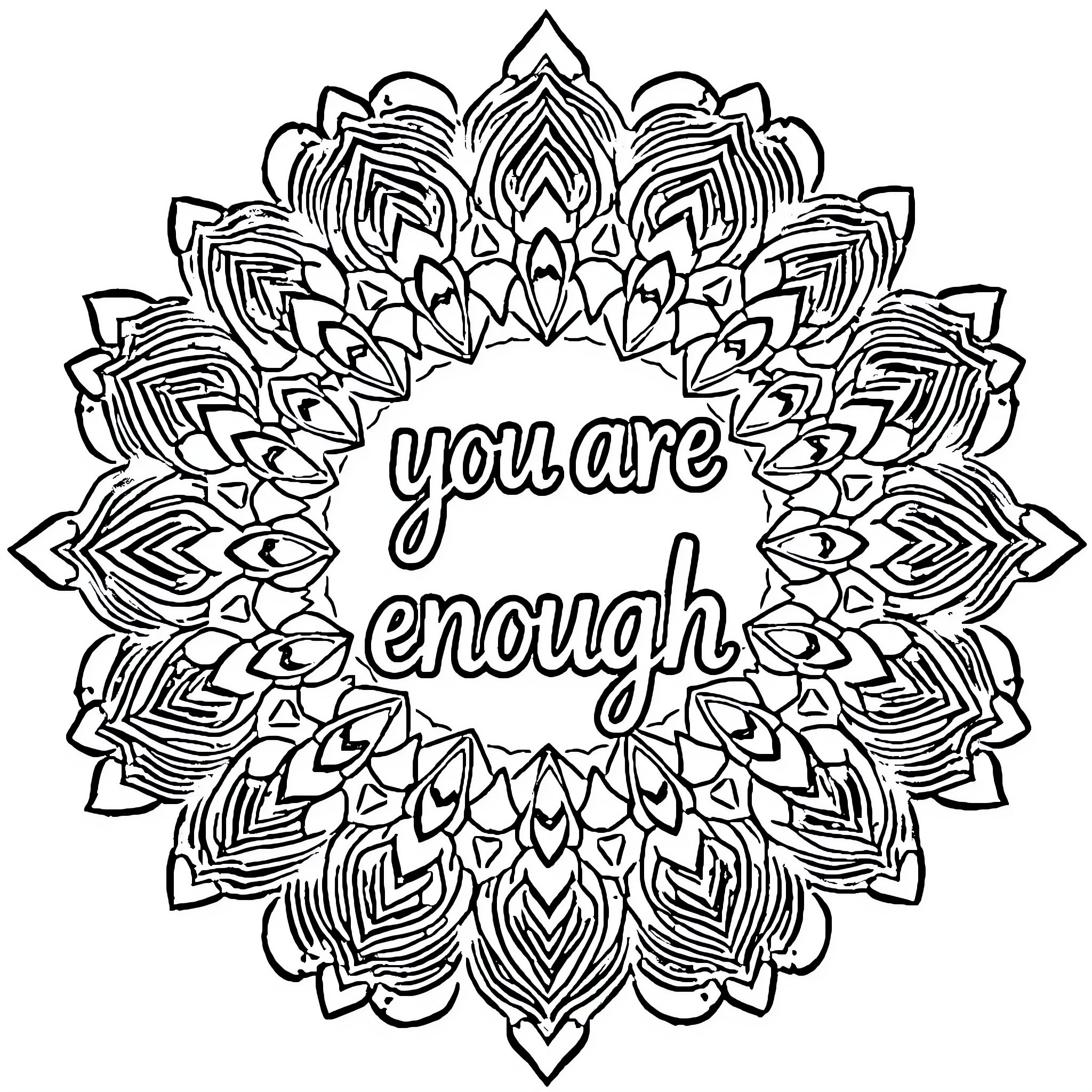 Mandala with Inspiring Message Coloring Page (free black-and-white line drawing printable PDF for all, from beginners to advanced learners, including children, teens, adults, and seniors)
