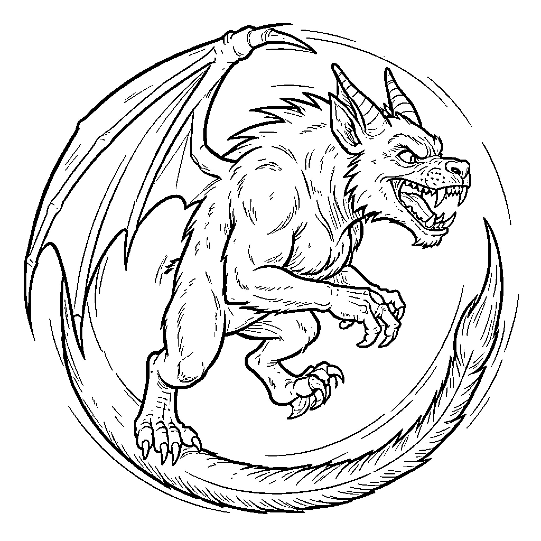 Tasmanian Devil furious and attacking in a circular frame Coloring Page (free black-and-white line drawing printable PDF for all, from beginners to advanced learners, including children, teens, adults, and seniors)