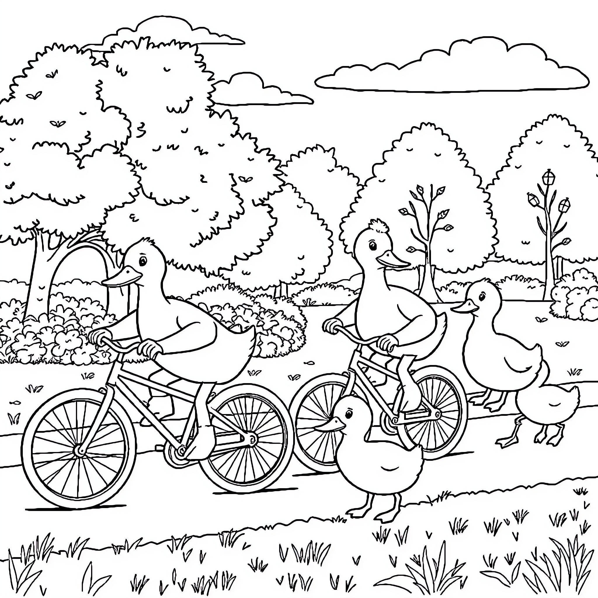 Ducks Riding Bicycles Through the Park Coloring Page (free black-and-white line drawing printable PDF for all, from beginners to advanced learners, including children, teens, adults, and seniors)