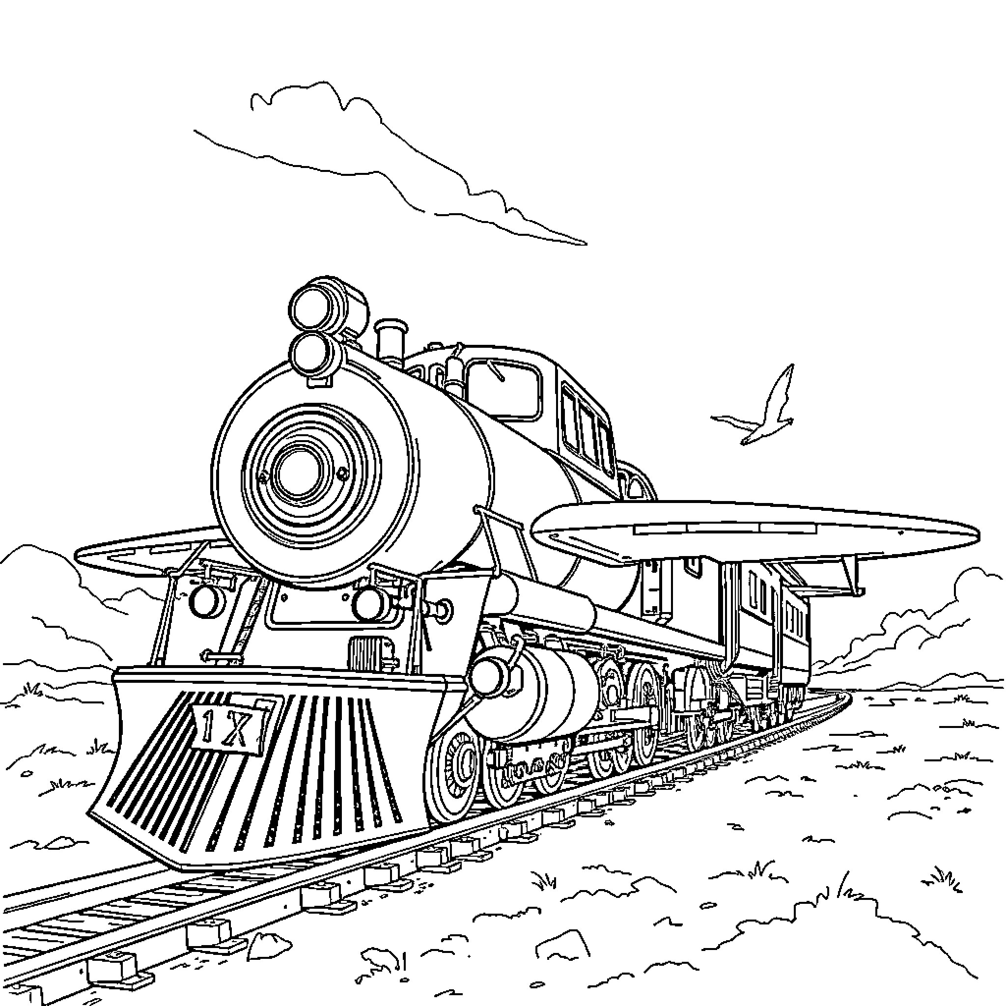 Train speeding through scenic landscape Coloring Page (free black-and-white line drawing printable PDF for all, from beginners to advanced learners, including children, teens, adults, and seniors)