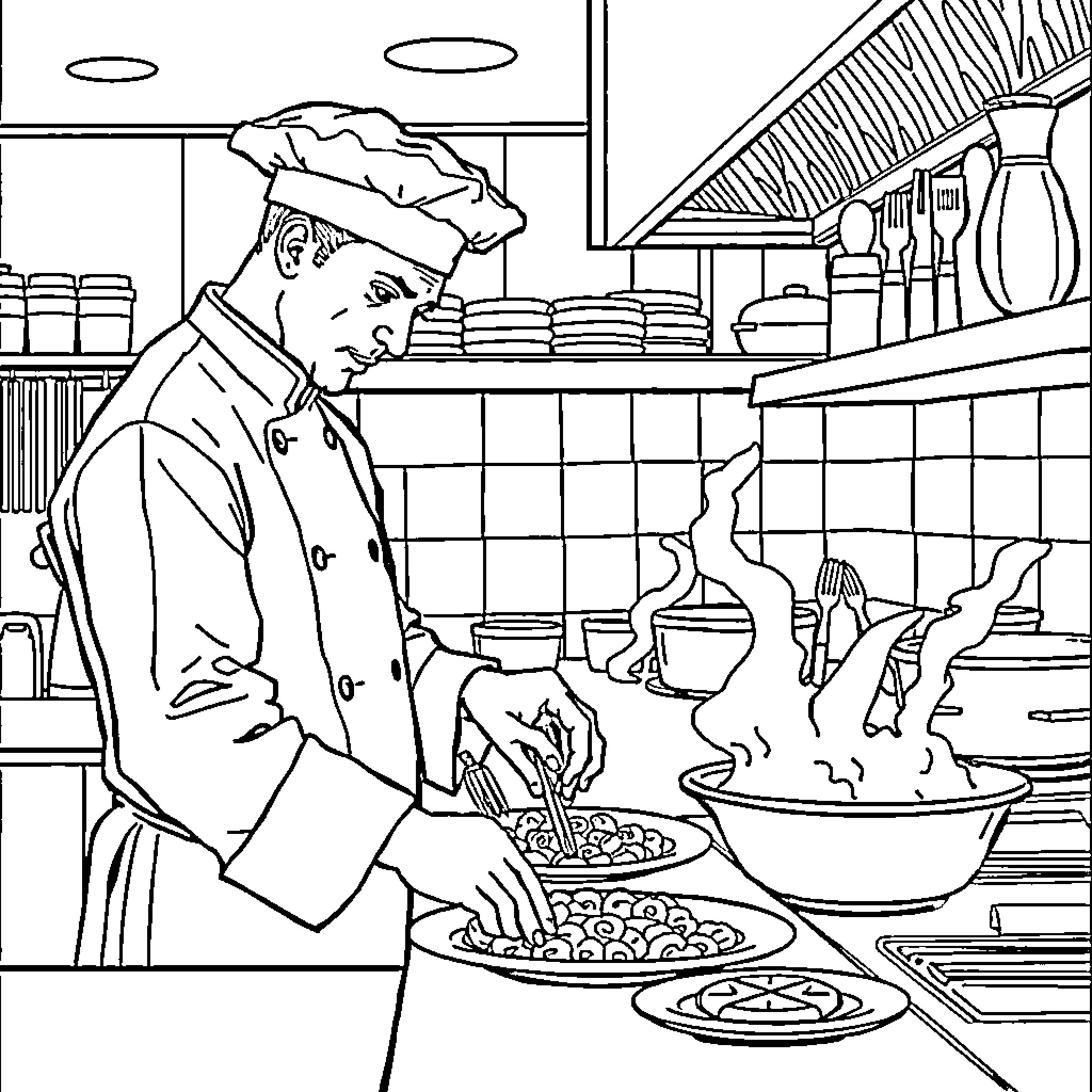 Chef Preparing Delectable Dishes in a Bustling Kitchen Coloring Page (free black-and-white line drawing printable PDF for all, from beginners to advanced learners, including children, teens, adults, and seniors)
