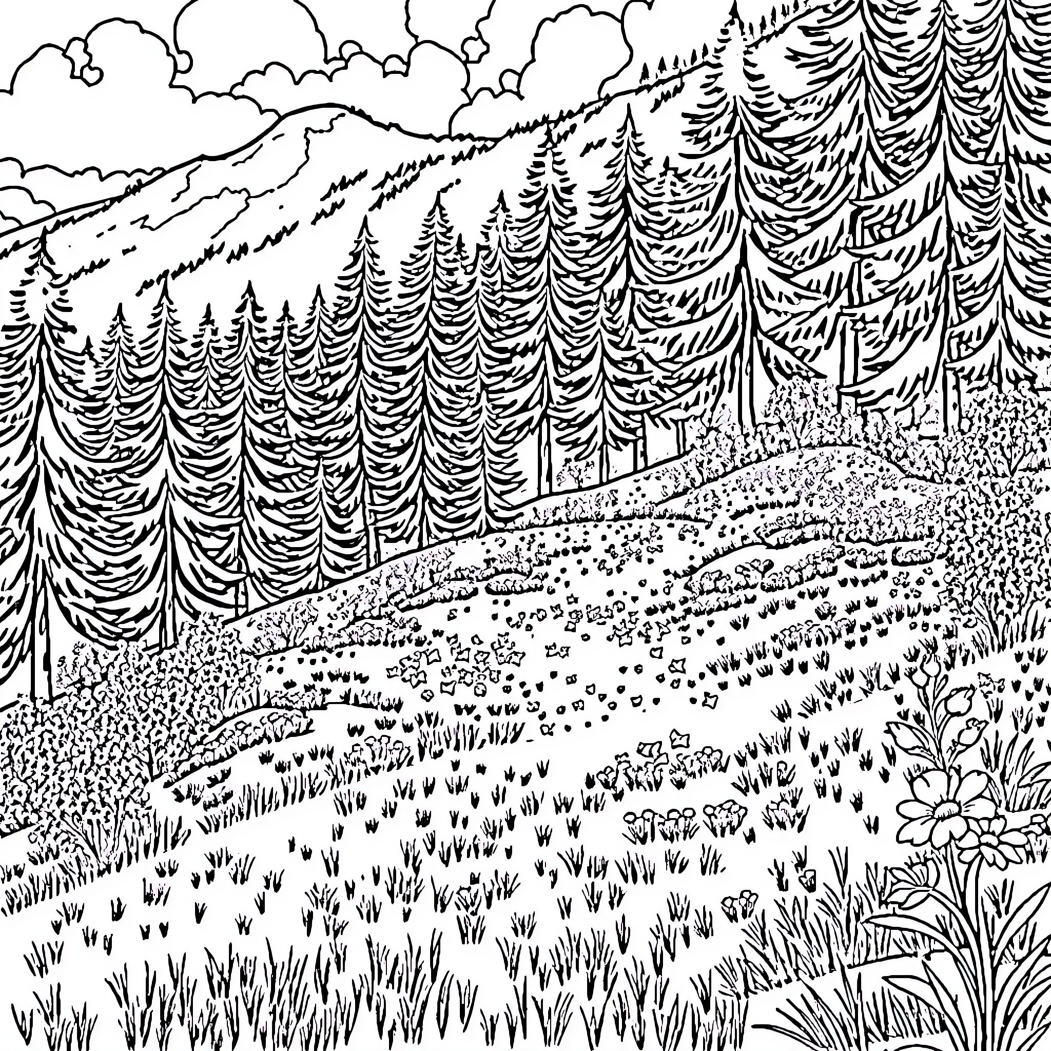 Niño exploring the scenic mountain landscape Coloring Page (free black-and-white line drawing printable PDF for all, from beginners to advanced learners, including children, teens, adults, and seniors)