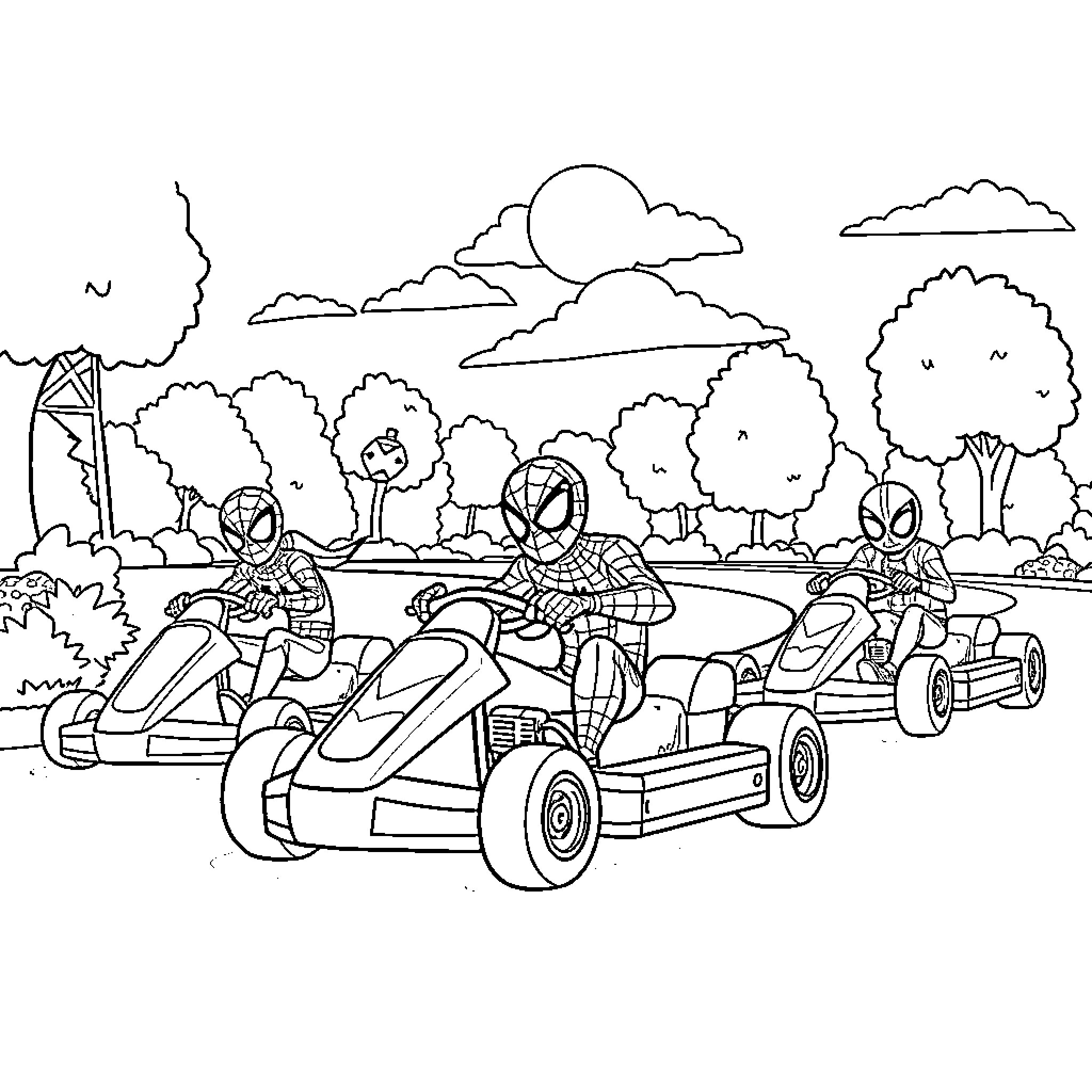 Spidey racers in action-packed kart adventure Coloring Page (free black-and-white line drawing printable PDF for all, from beginners to advanced learners, including children, teens, adults, and seniors)