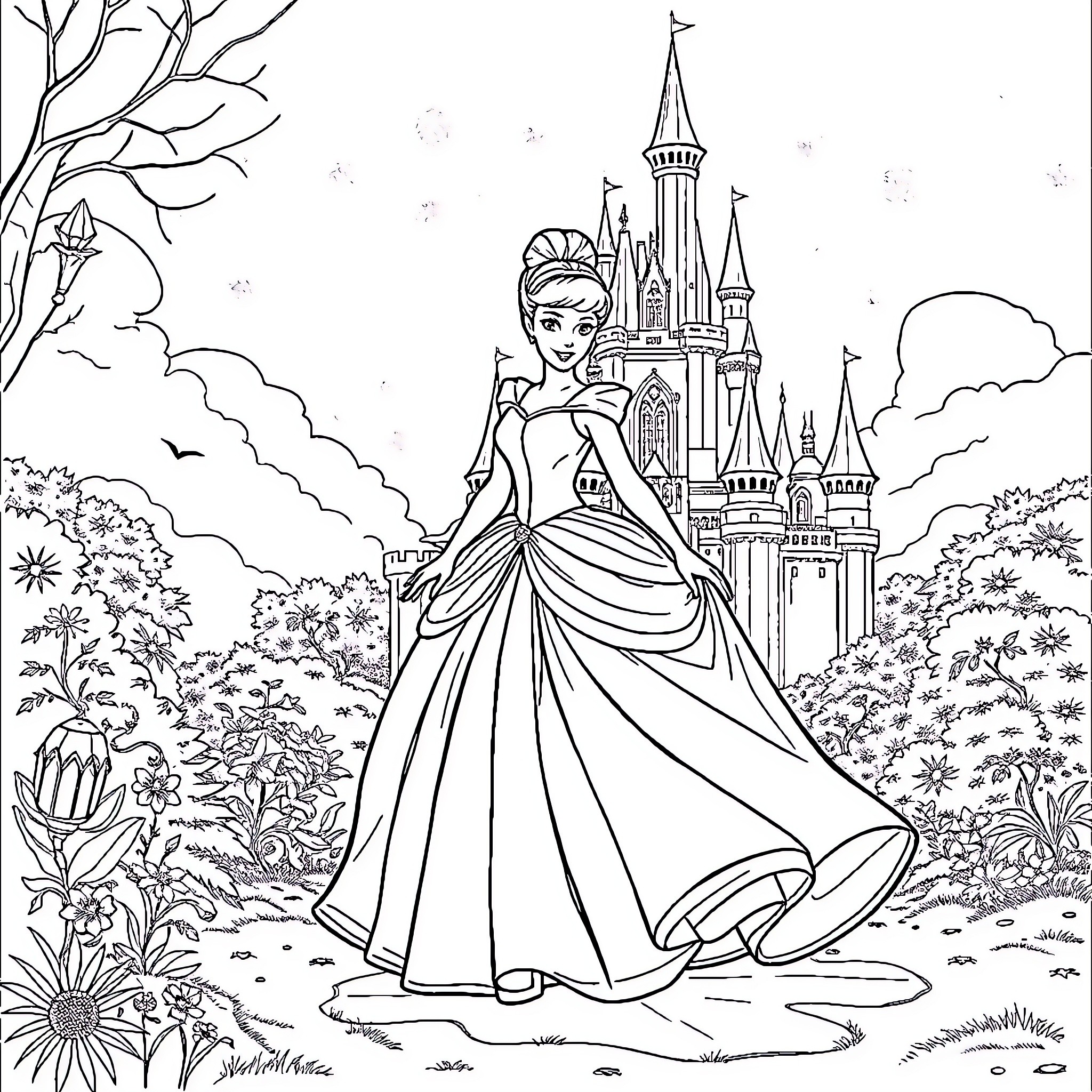 Cinderella dreaming of a magical night at the castle Coloring Page (free black-and-white line drawing printable PDF for all, from beginners to advanced learners, including children, teens, adults, and seniors)