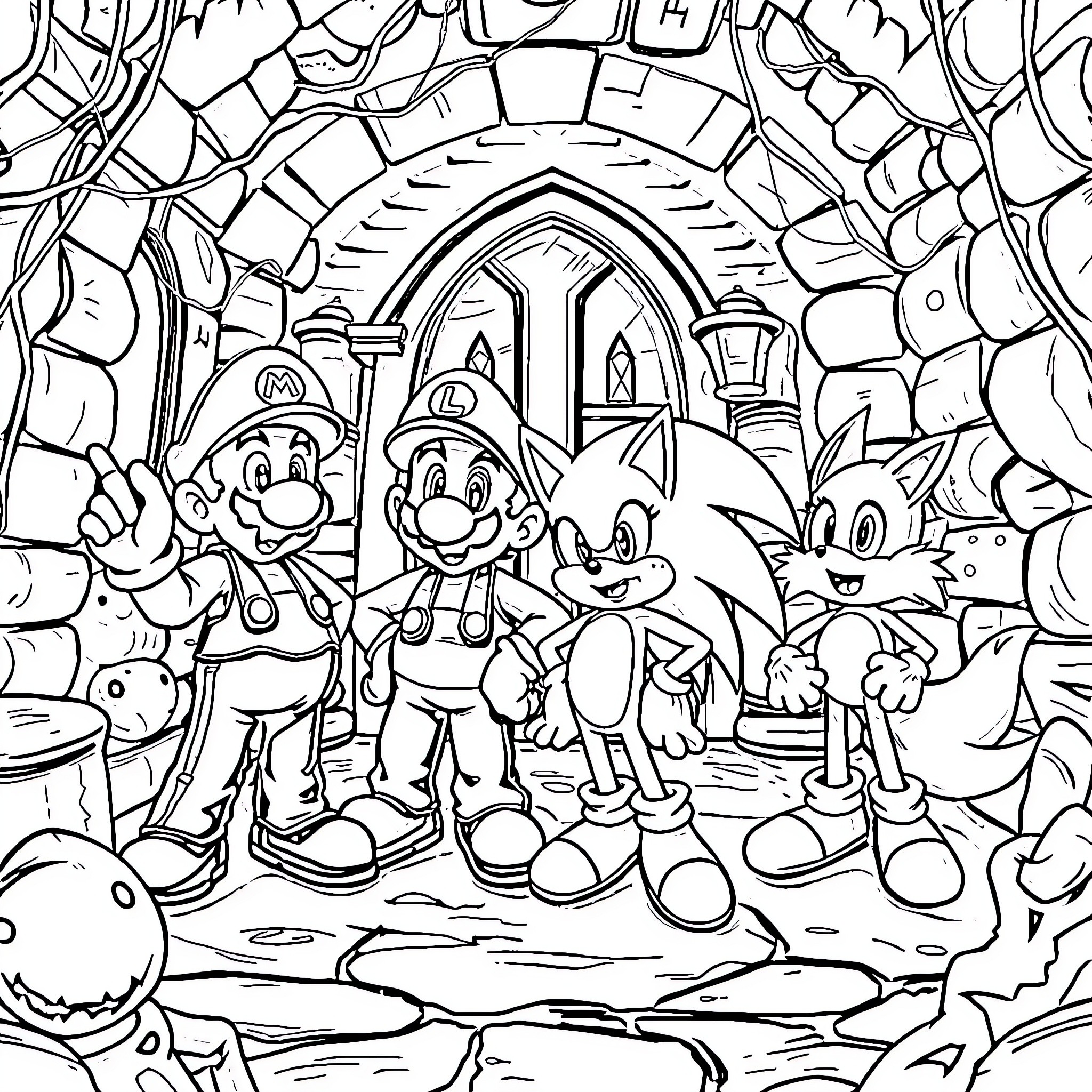 Mario and Friends Exploring a Mysterious Castle Coloring Page (free black-and-white line drawing printable PDF for all, from beginners to advanced learners, including children, teens, adults, and seniors)