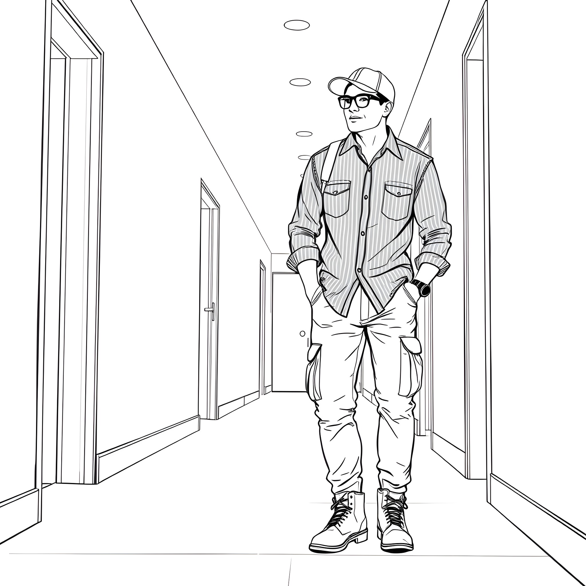 Teen Guy Walks Confidently Through Building Corridor Coloring Page (free black-and-white line drawing printable PDF for all, from beginners to advanced learners, including children, teens, adults, and seniors)
