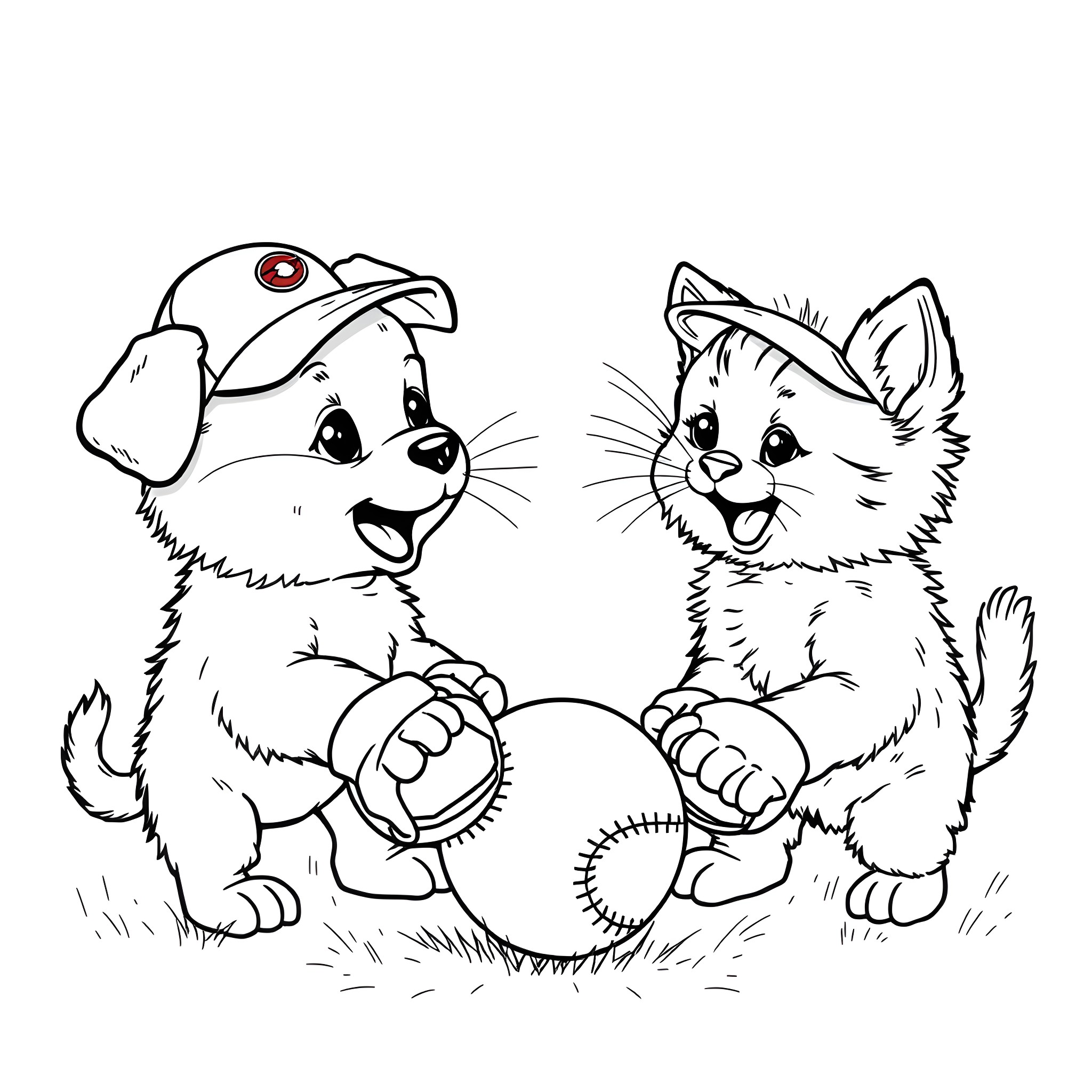 Puppy and kitten playing together in the yard Coloring Page (free black-and-white line drawing printable PDF for all, from beginners to advanced learners, including children, teens, adults, and seniors)