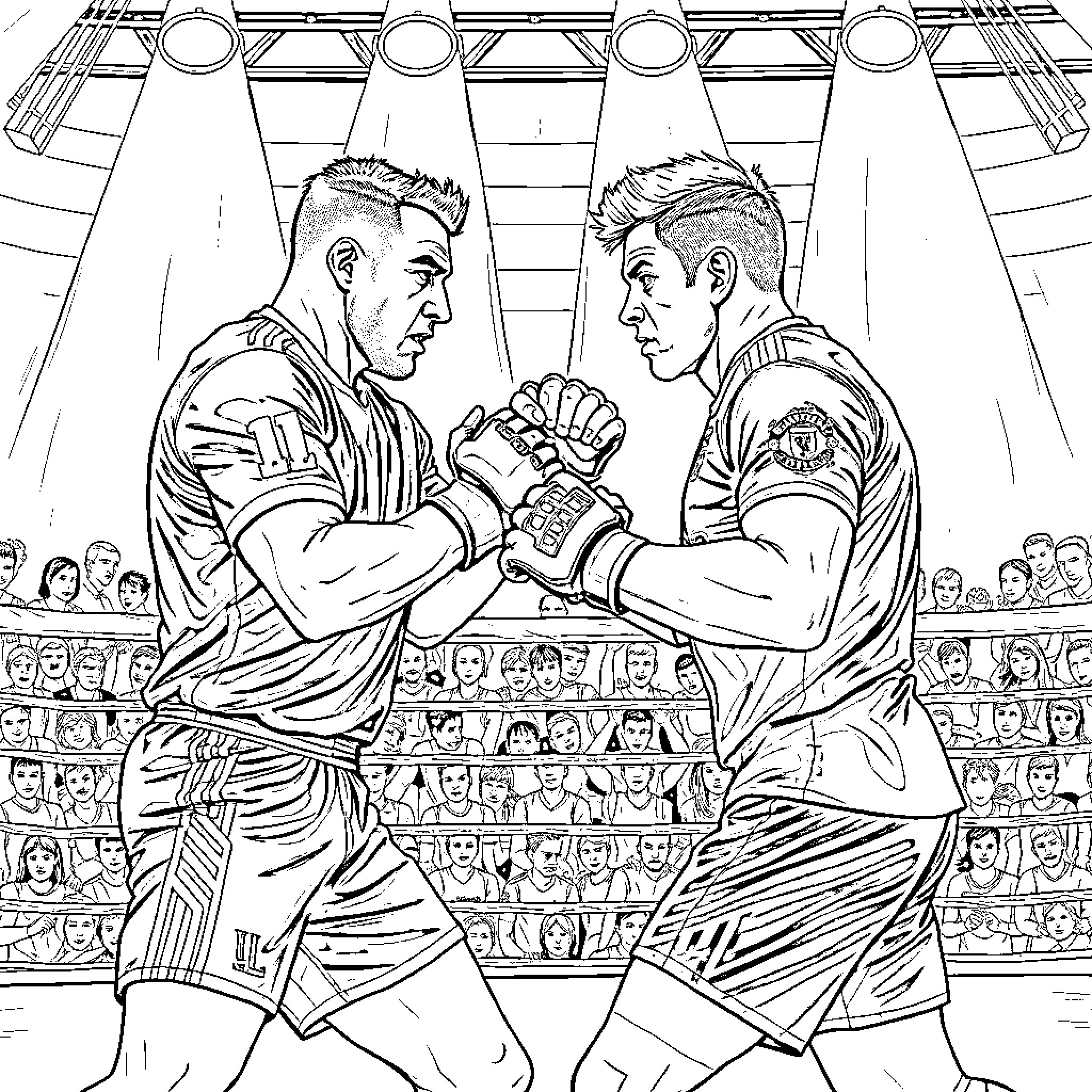 Players battling in a wrestling match before a crowd Coloring Page (free black-and-white line drawing printable PDF for all, from beginners to advanced learners, including children, teens, adults, and seniors)