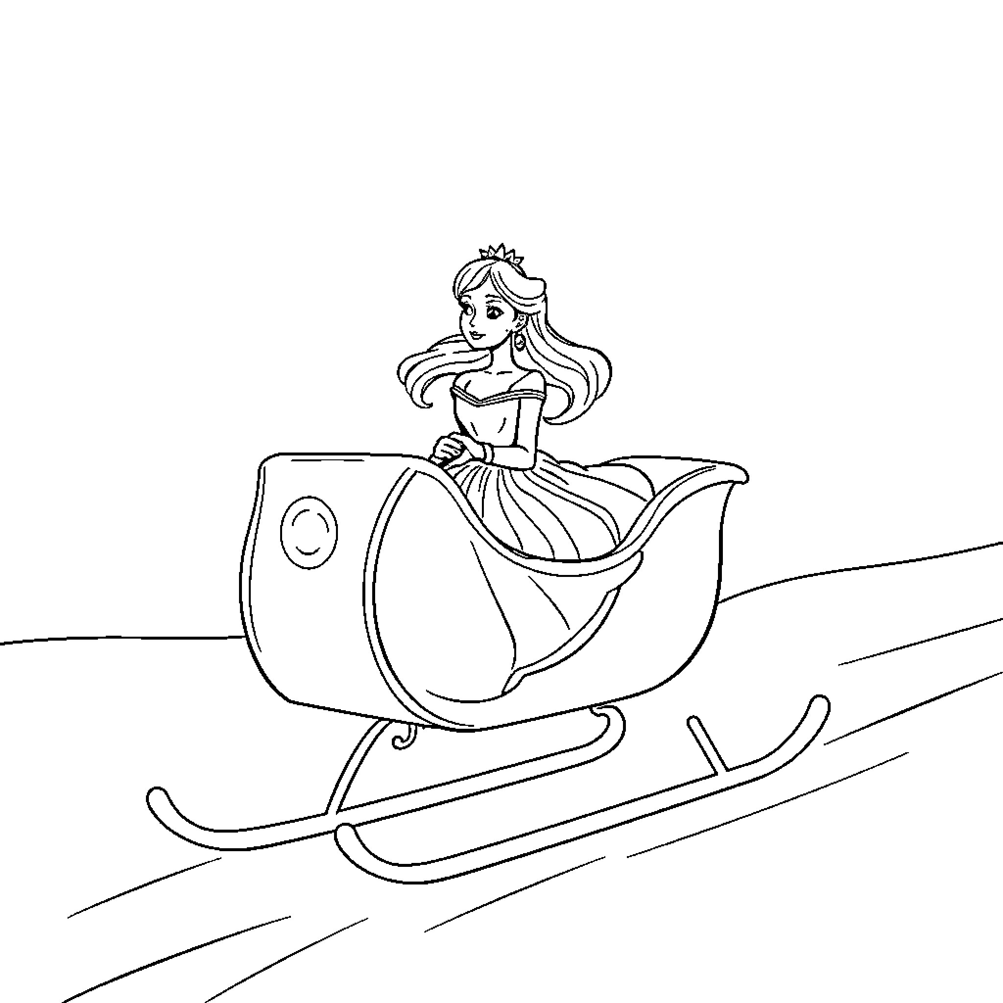 Princess riding a magical sleigh Coloring Page (free black-and-white line drawing printable PDF for all, from beginners to advanced learners, including children, teens, adults, and seniors)
