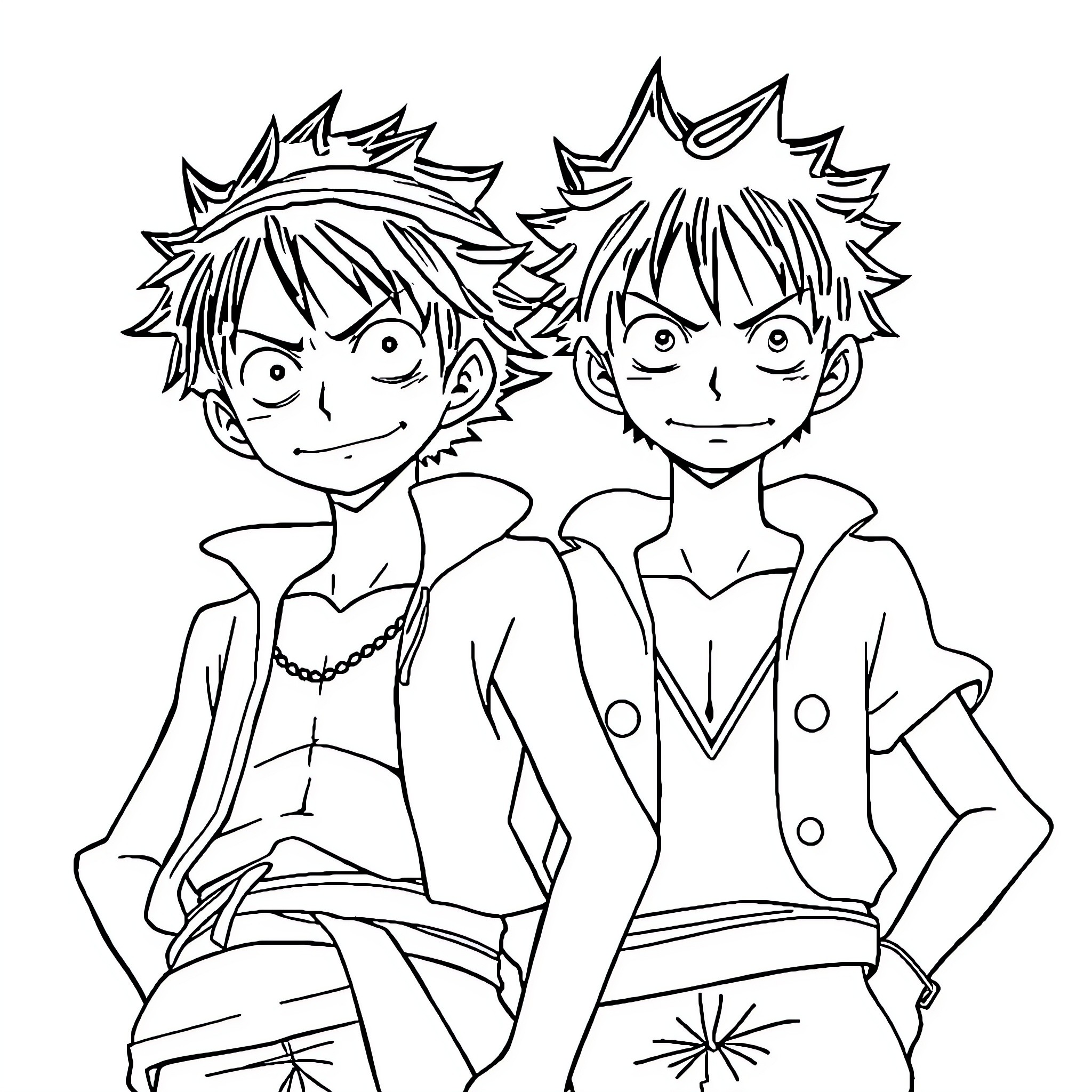 Zoro and Luffy - Anime Characters in Action Coloring Page (free black-and-white line drawing printable PDF for all, from beginners to advanced learners, including children, teens, adults, and seniors)