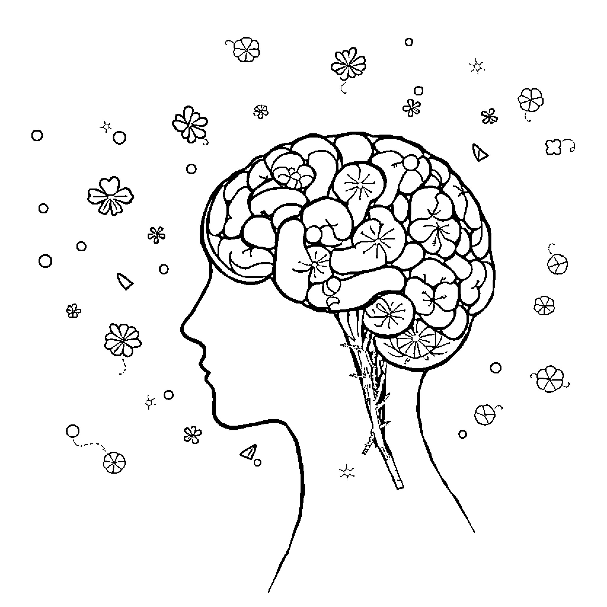 Mental Health Blooming with Flowers Coloring Page (free black-and-white line drawing printable PDF for all, from beginners to advanced learners, including children, teens, adults, and seniors)