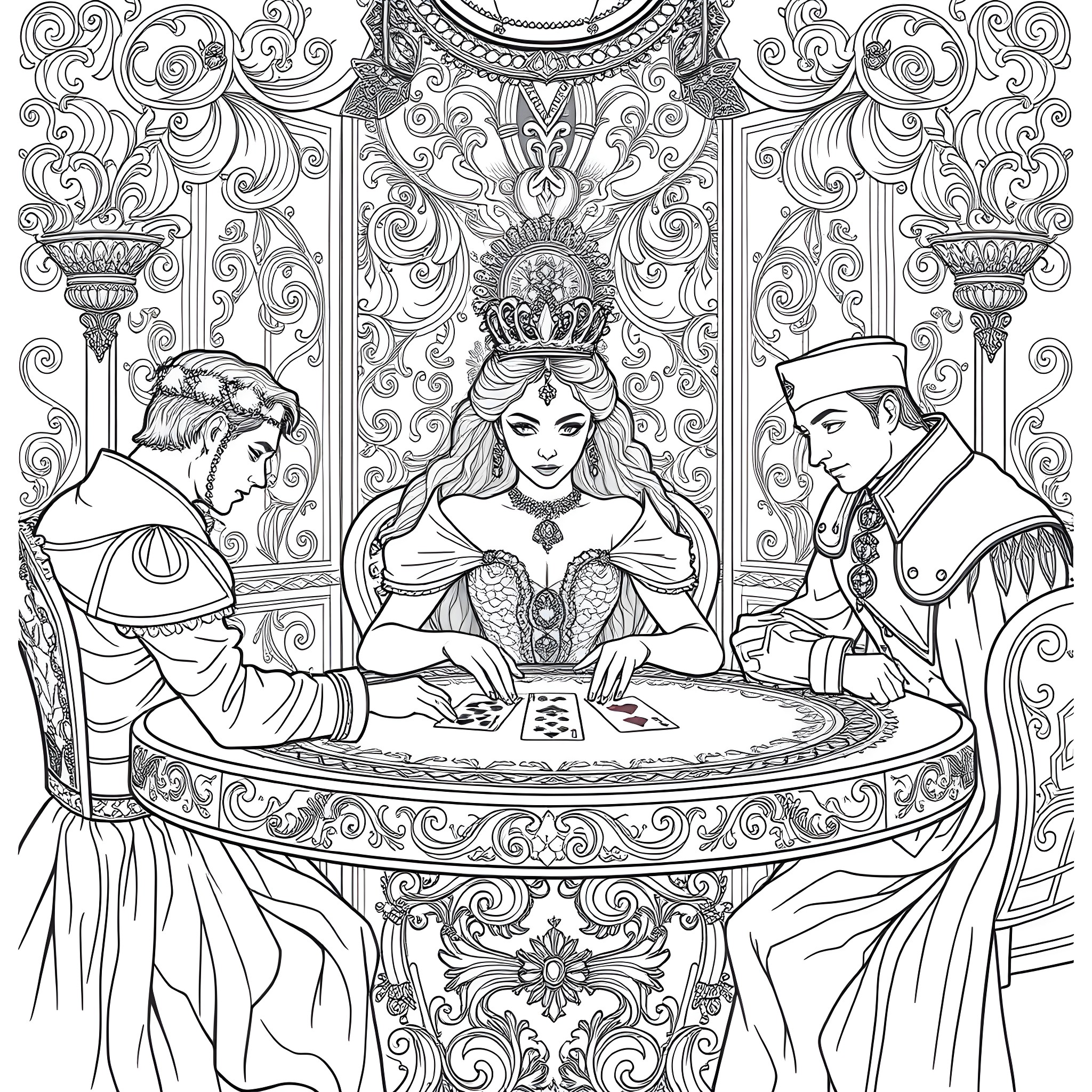 Princess in Royal Court with Ornate Surroundings Coloring Page (free black-and-white line drawing printable PDF for all, from beginners to advanced learners, including children, teens, adults, and seniors)