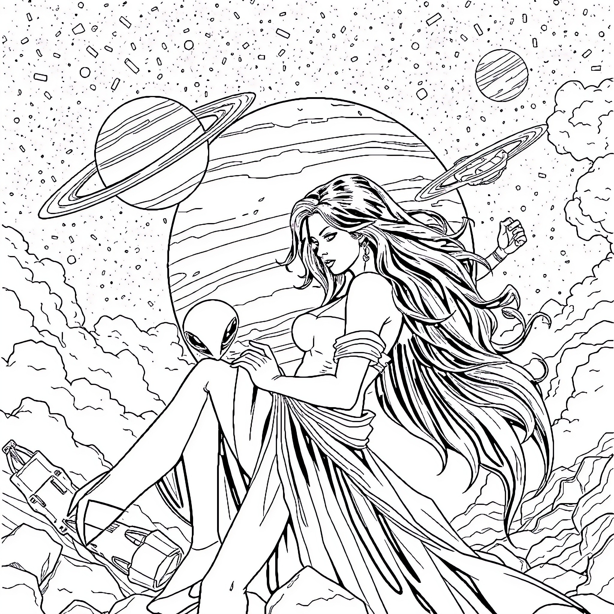 Mujer interactuando con el universo Coloring Page (free black-and-white line drawing printable PDF for all, from beginners to advanced learners, including children, teens, adults, and seniors)