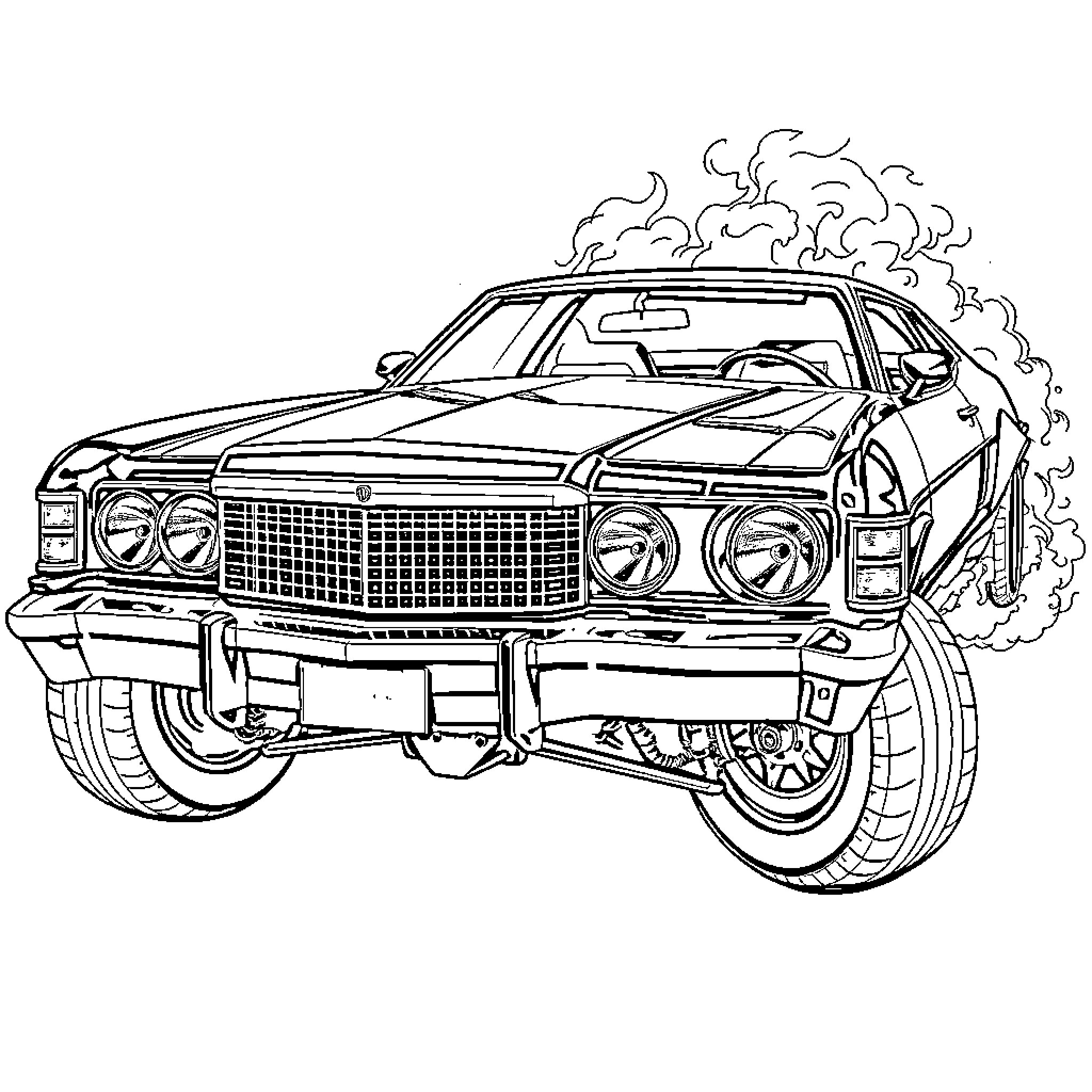 Ford Torino speeding down the road Coloring Page (free black-and-white line drawing printable PDF for all, from beginners to advanced learners, including children, teens, adults, and seniors)
