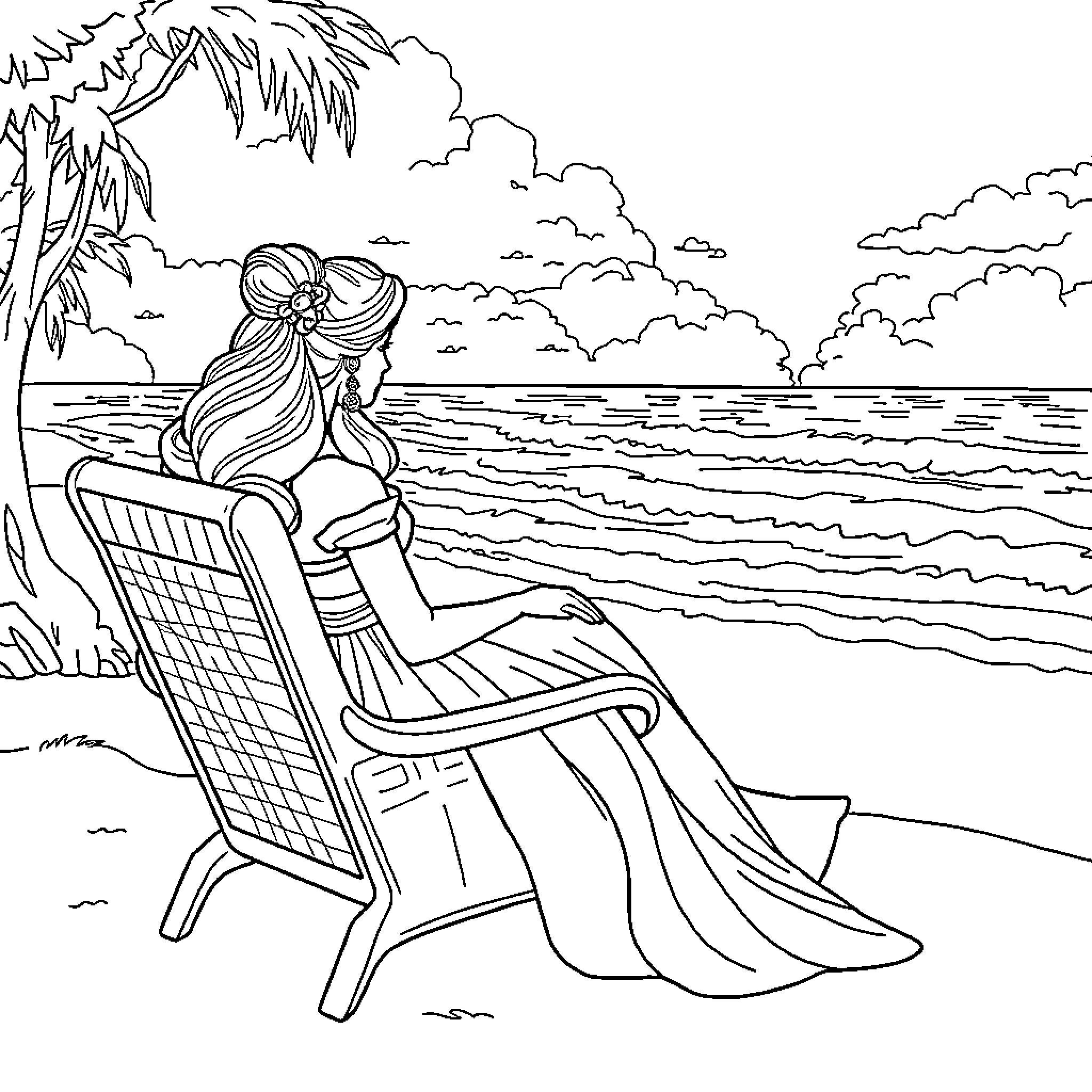 Princess relaxing peacefully by the sea Coloring Page (free black-and-white line drawing printable PDF for all, from beginners to advanced learners, including children, teens, adults, and seniors)
