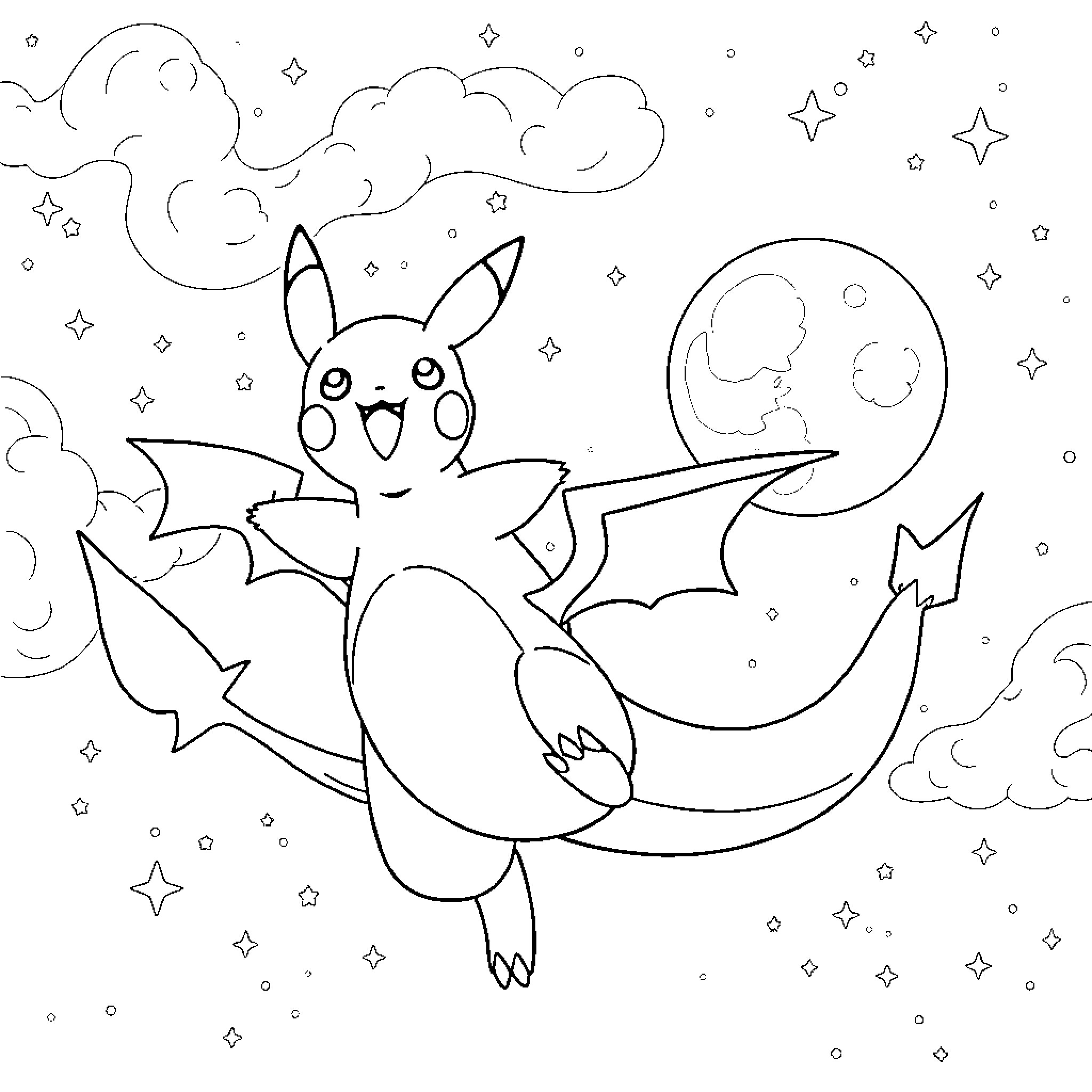 Pikachu flying among the stars and clouds Coloring Page (free black-and-white line drawing printable PDF for all, from beginners to advanced learners, including children, teens, adults, and seniors)