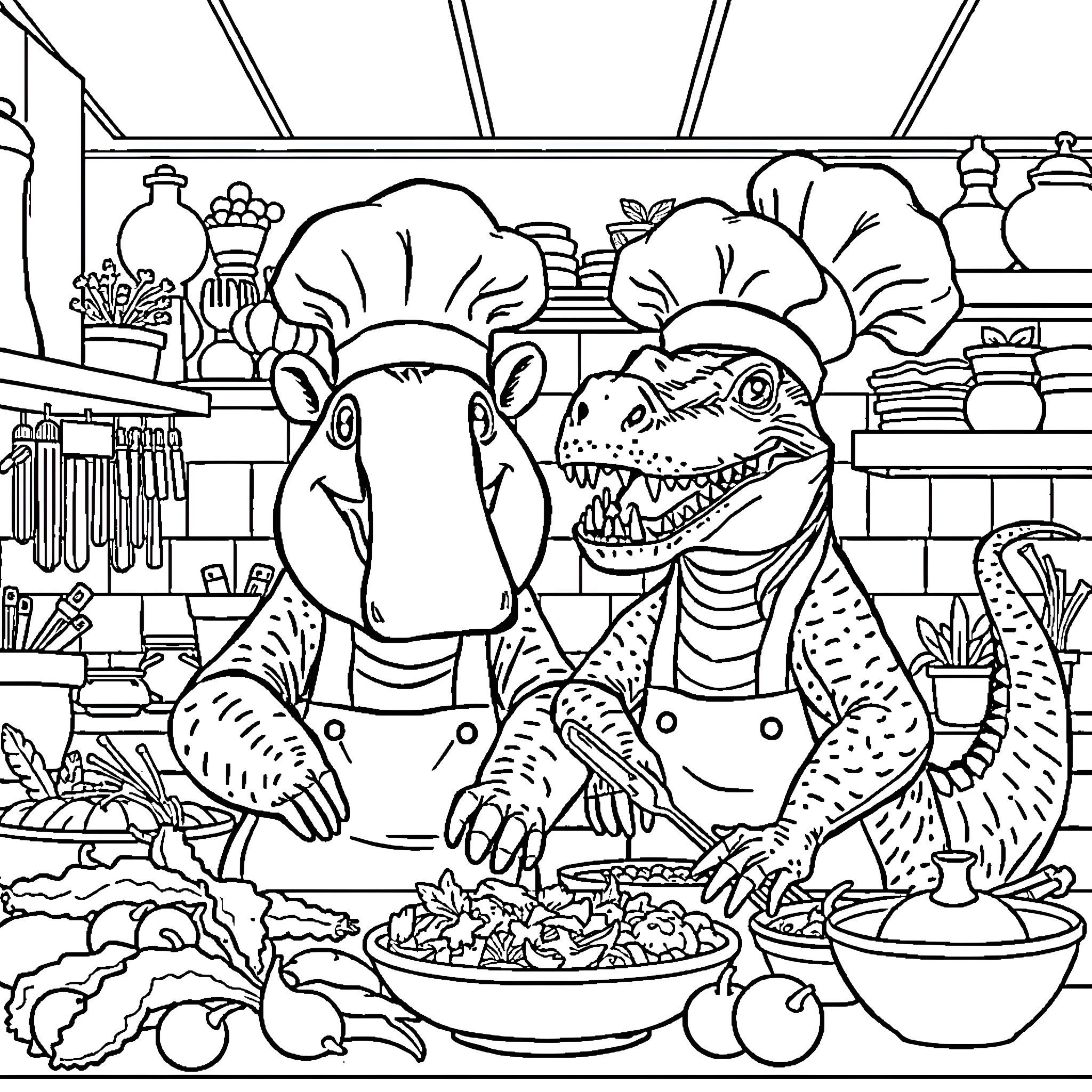 Tapir chefs preparing a delicious meal in the kitchen Coloring Page (free black-and-white line drawing printable PDF for all, from beginners to advanced learners, including children, teens, adults, and seniors)