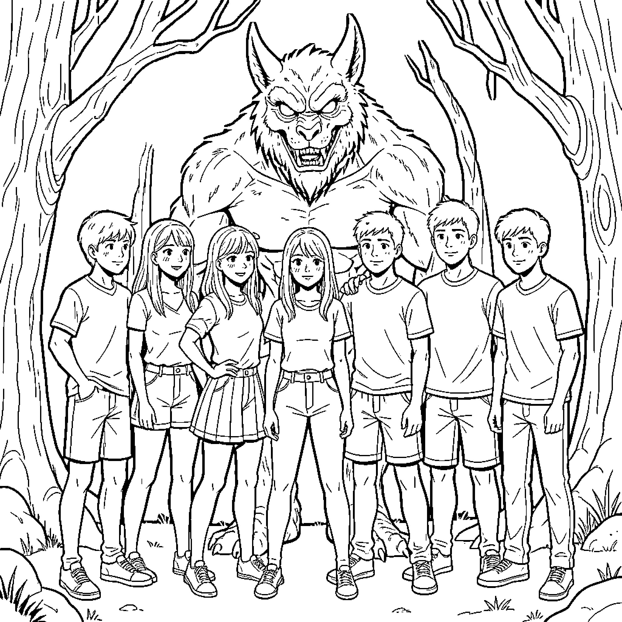 Teenagers encounter a fearsome creature in the woods Coloring Page (free black-and-white line drawing printable PDF for all, from beginners to advanced learners, including children, teens, adults, and seniors)