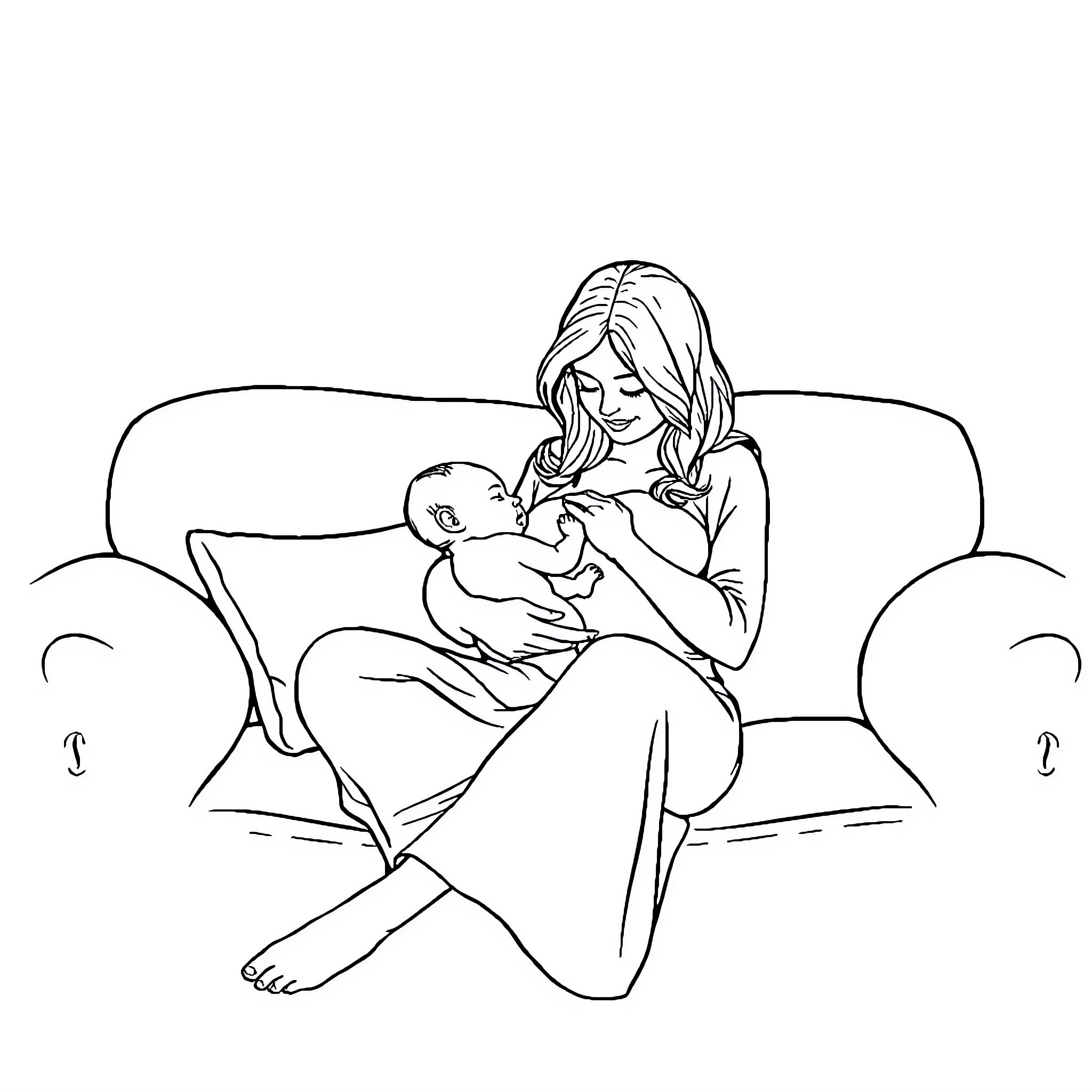 Mommy cuddling and caring for her baby Coloring Page (free black-and-white line drawing printable PDF for all, from beginners to advanced learners, including children, teens, adults, and seniors)