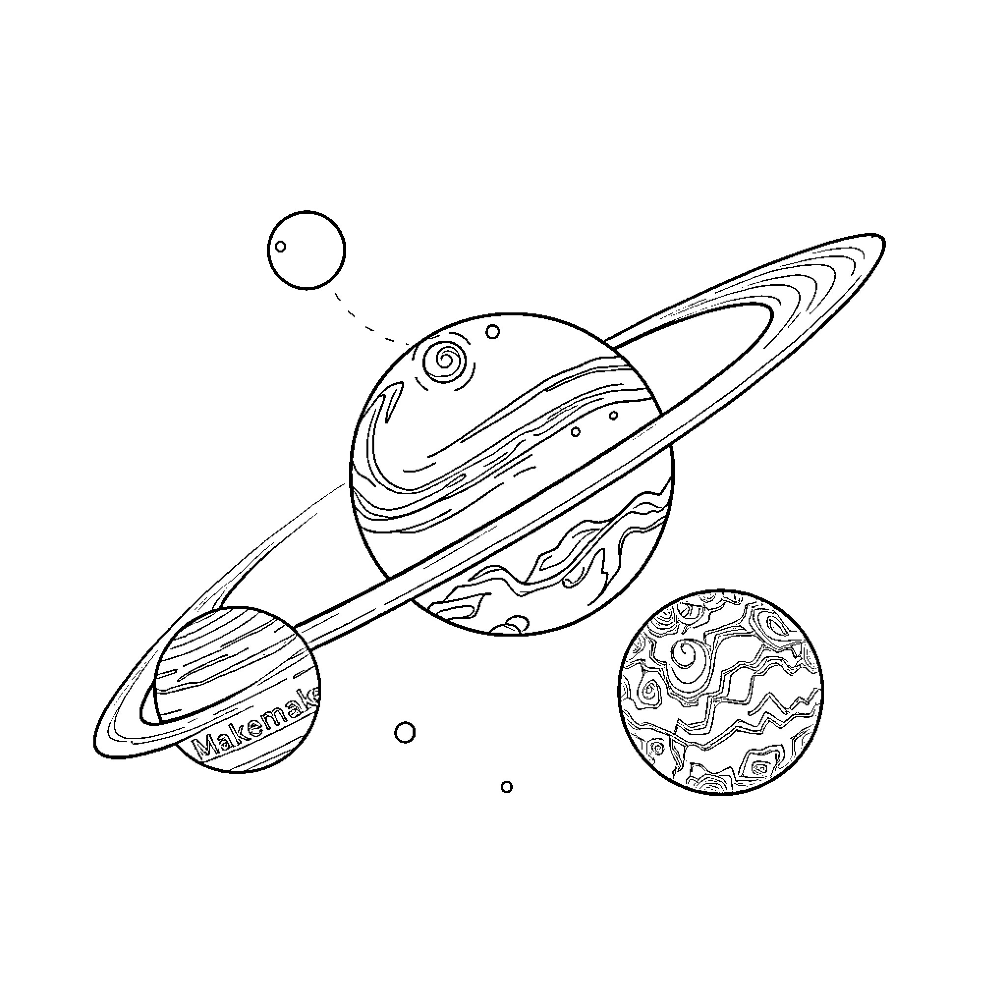 Dwarf Planet Exploration in the Cosmic Expanse Coloring Page (free black-and-white line drawing printable PDF for all, from beginners to advanced learners, including children, teens, adults, and seniors)