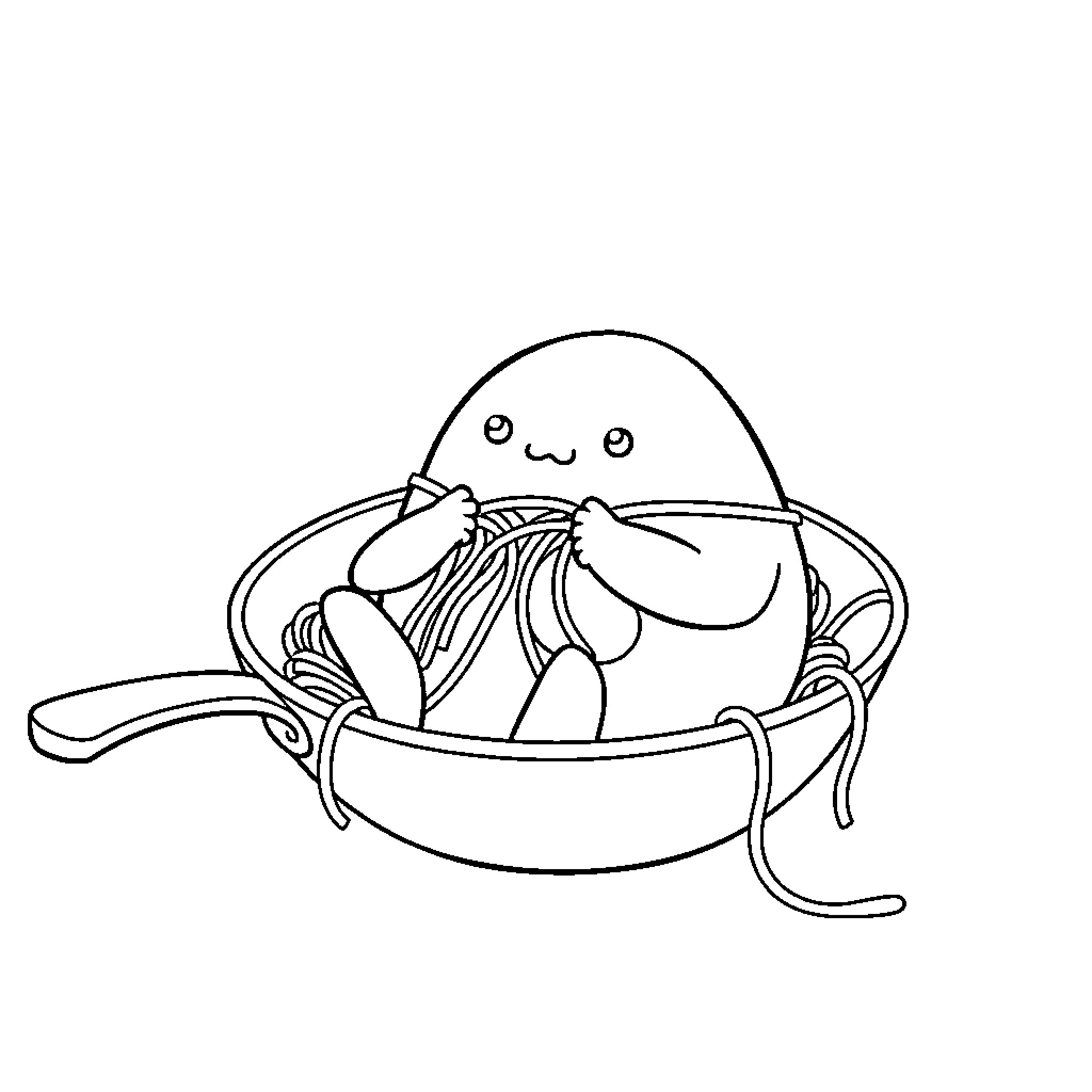 Gudetama relaxing in a bowl of noodles Coloring Page (free black-and-white line drawing printable PDF for all, from beginners to advanced learners, including children, teens, adults, and seniors)