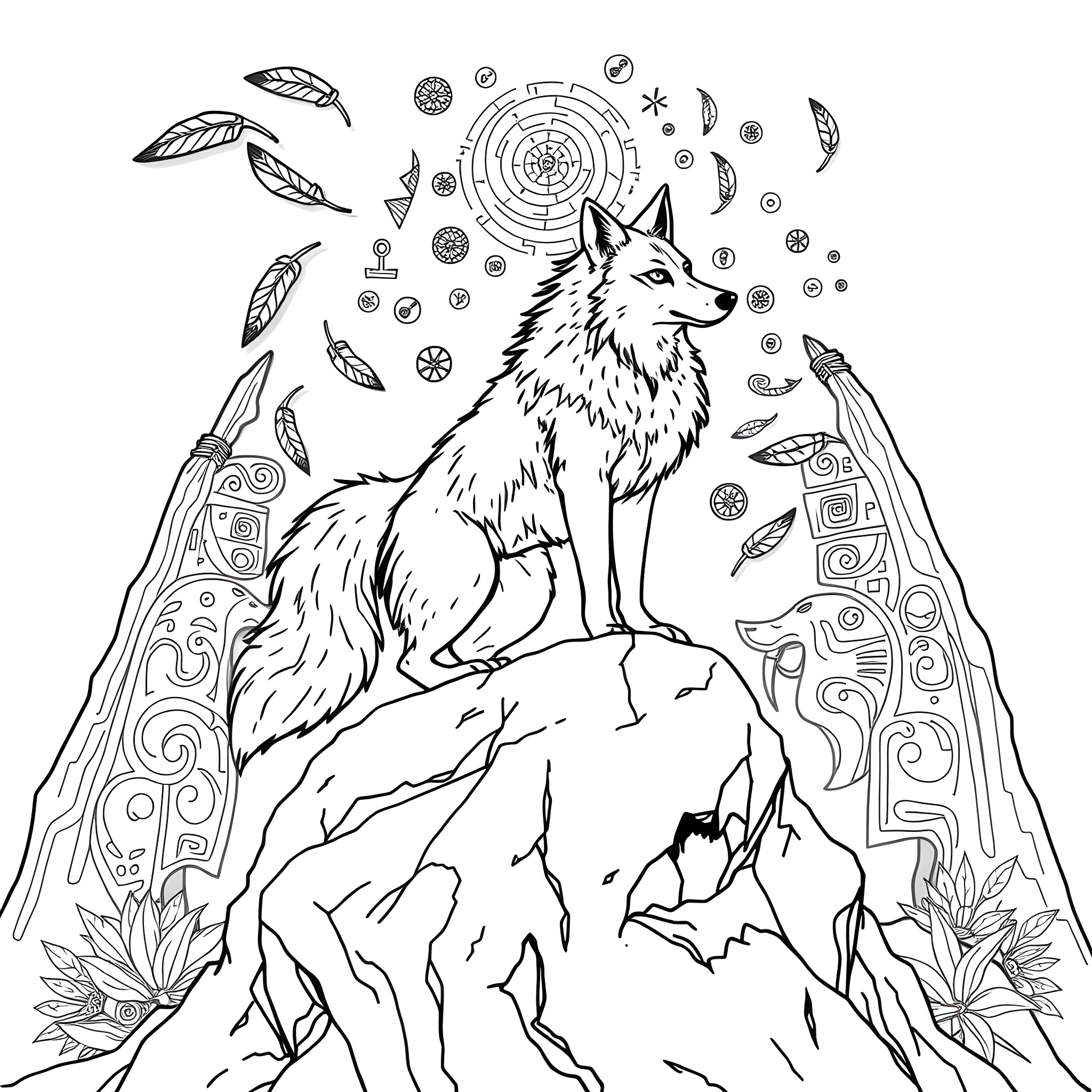 Coyote sitting on a rocky outcrop with intricate patterns Coloring Page (free black-and-white line drawing printable PDF for all, from beginners to advanced learners, including children, teens, adults, and seniors)