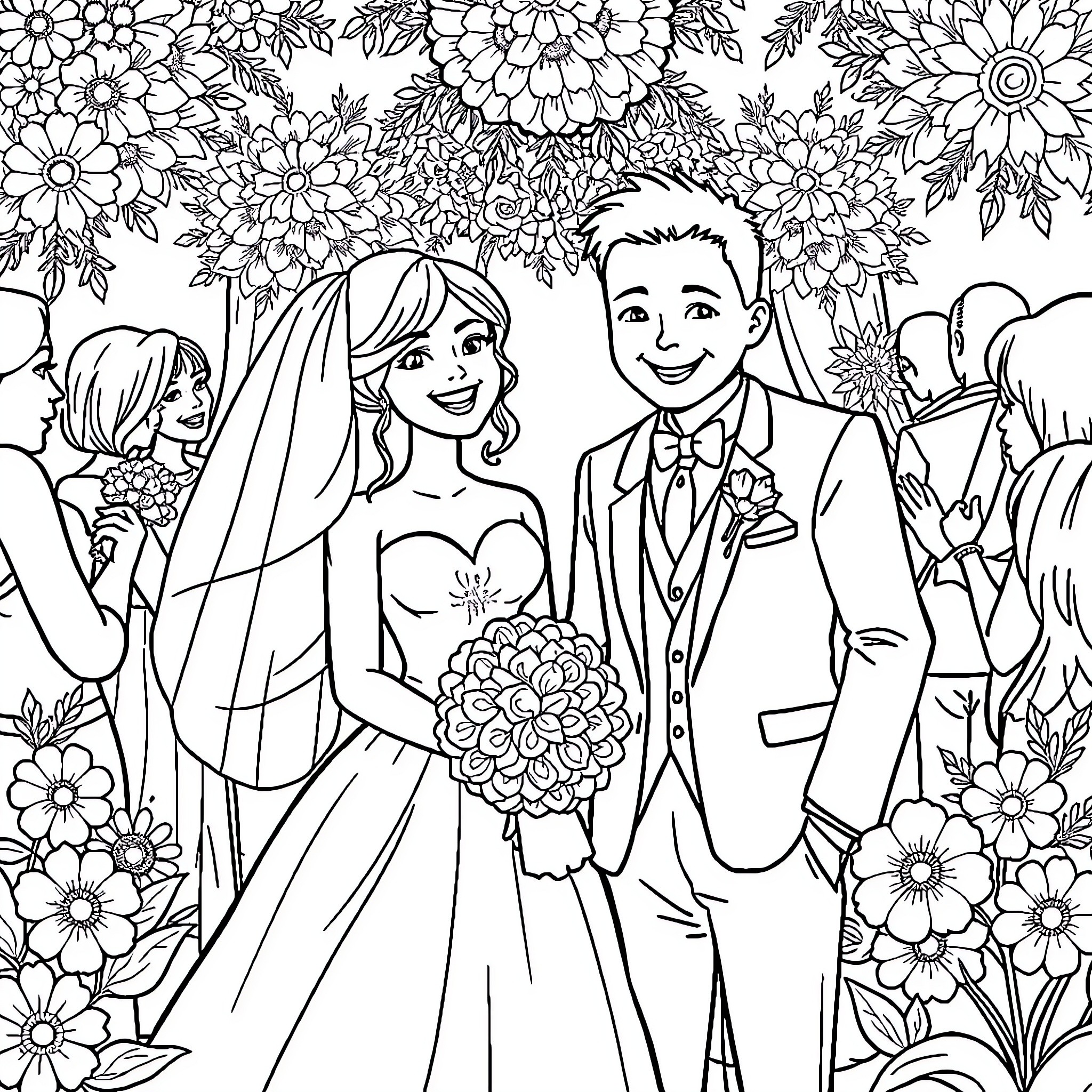Wedding ceremony with bride, groom, and floral decor Coloring Page (free black-and-white line drawing printable PDF for all, from beginners to advanced learners, including children, teens, adults, and seniors)