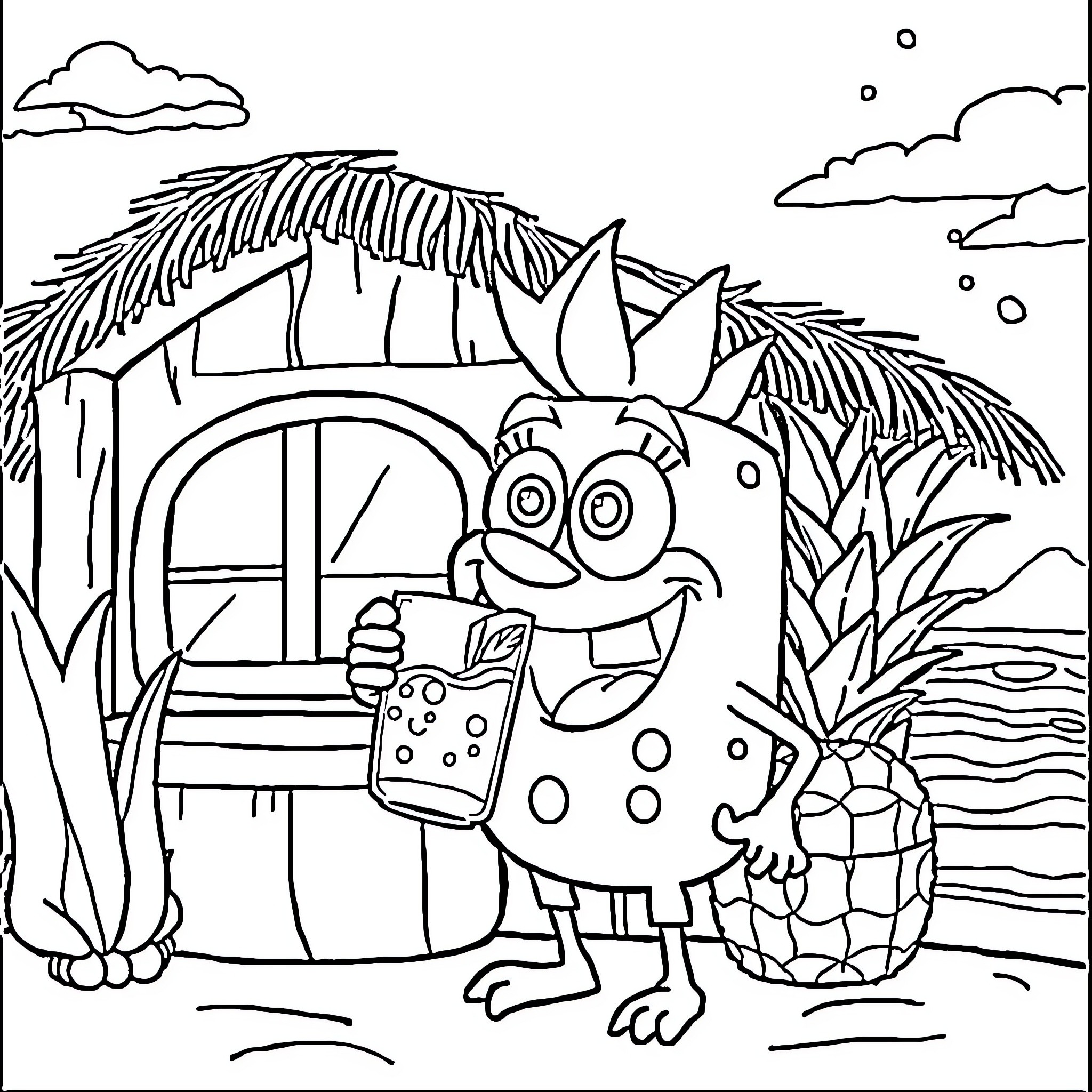 Bob esponja enjoying a tropical beach scene Coloring Page (free black-and-white line drawing printable PDF for all, from beginners to advanced learners, including children, teens, adults, and seniors)