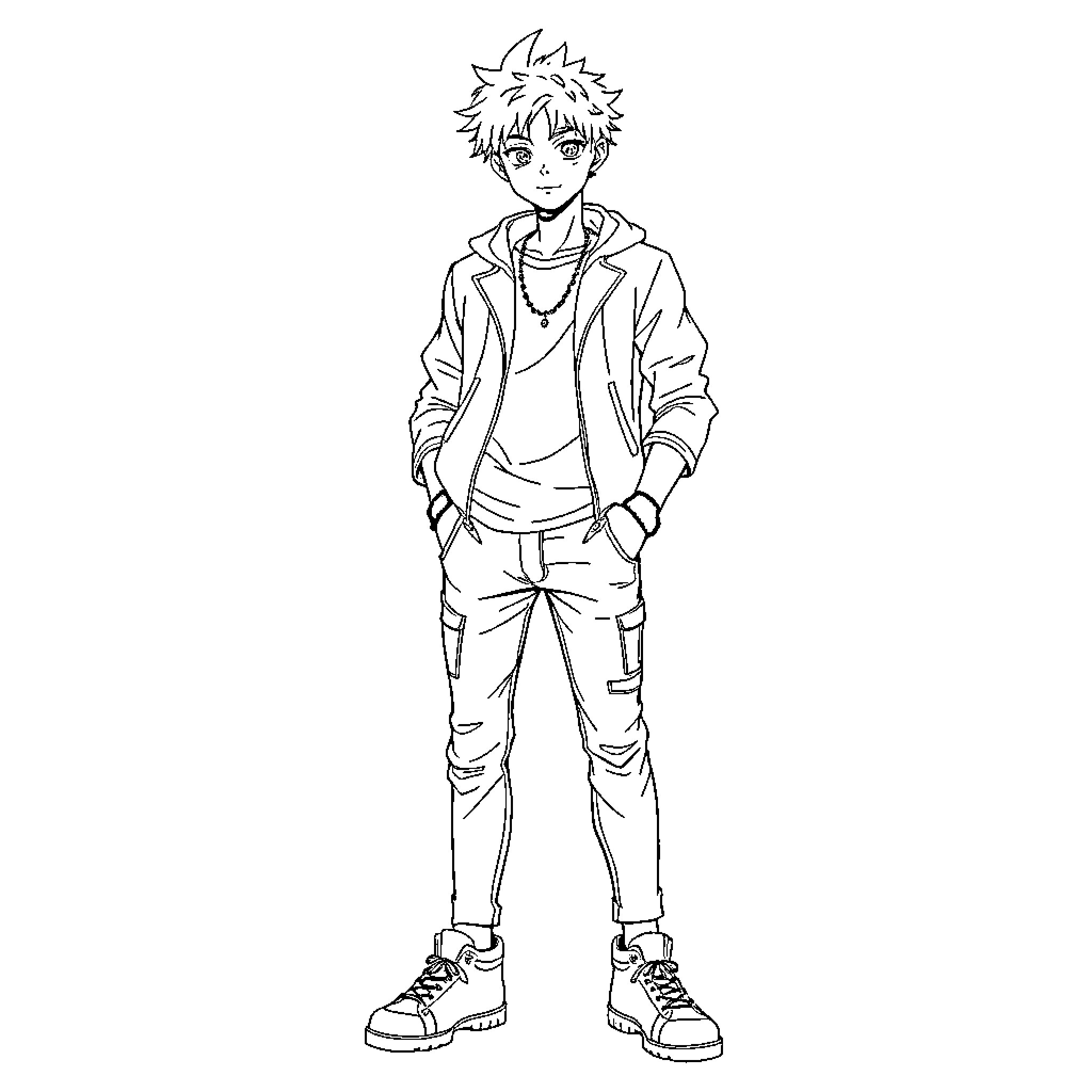 Anime Boy Standing with Casual Attire Coloring Page (free black-and-white line drawing printable PDF for all, from beginners to advanced learners, including children, teens, adults, and seniors)