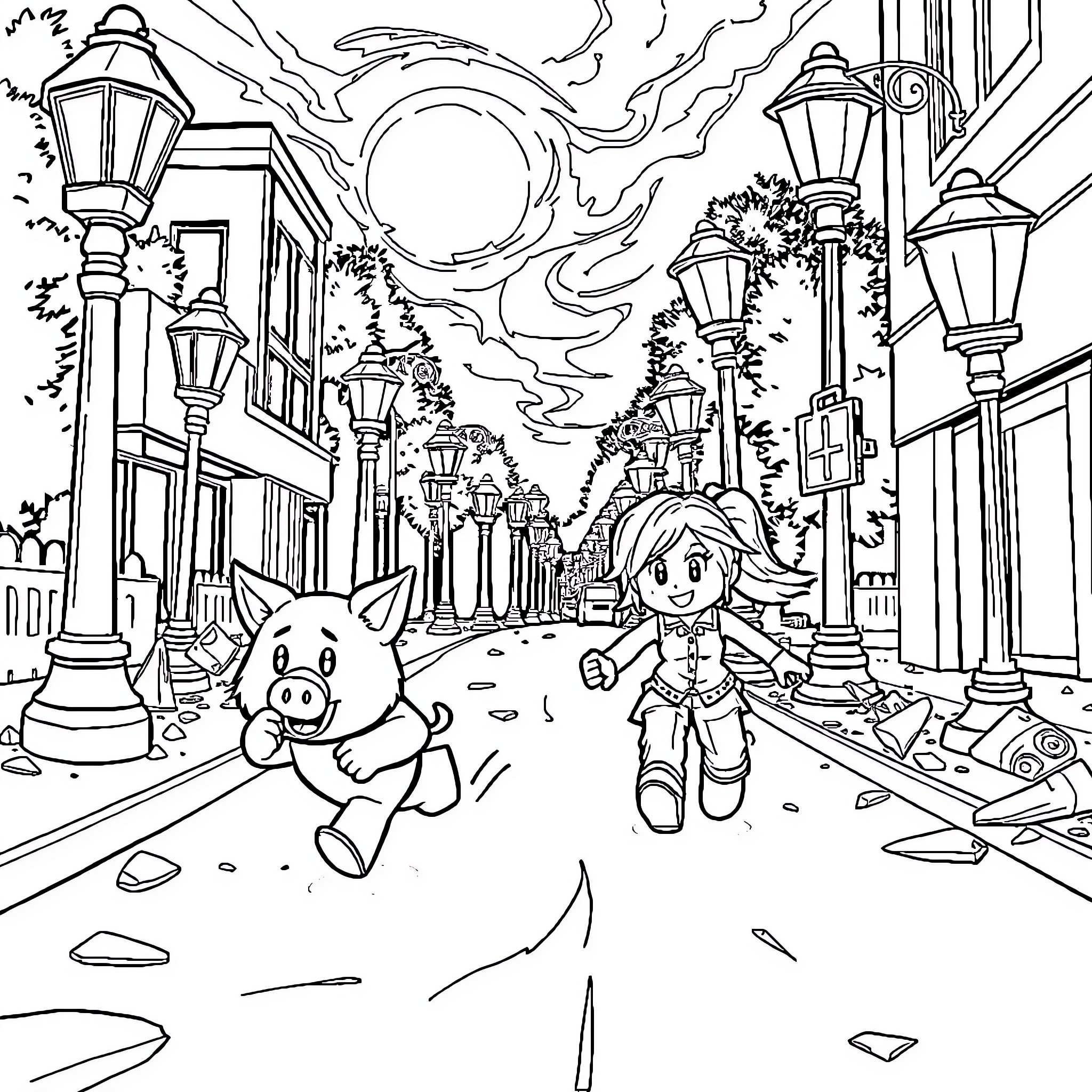 Piggy and the Curious Girl Exploring the Charming Town Coloring Page (free black-and-white line drawing printable PDF for all, from beginners to advanced learners, including children, teens, adults, and seniors)