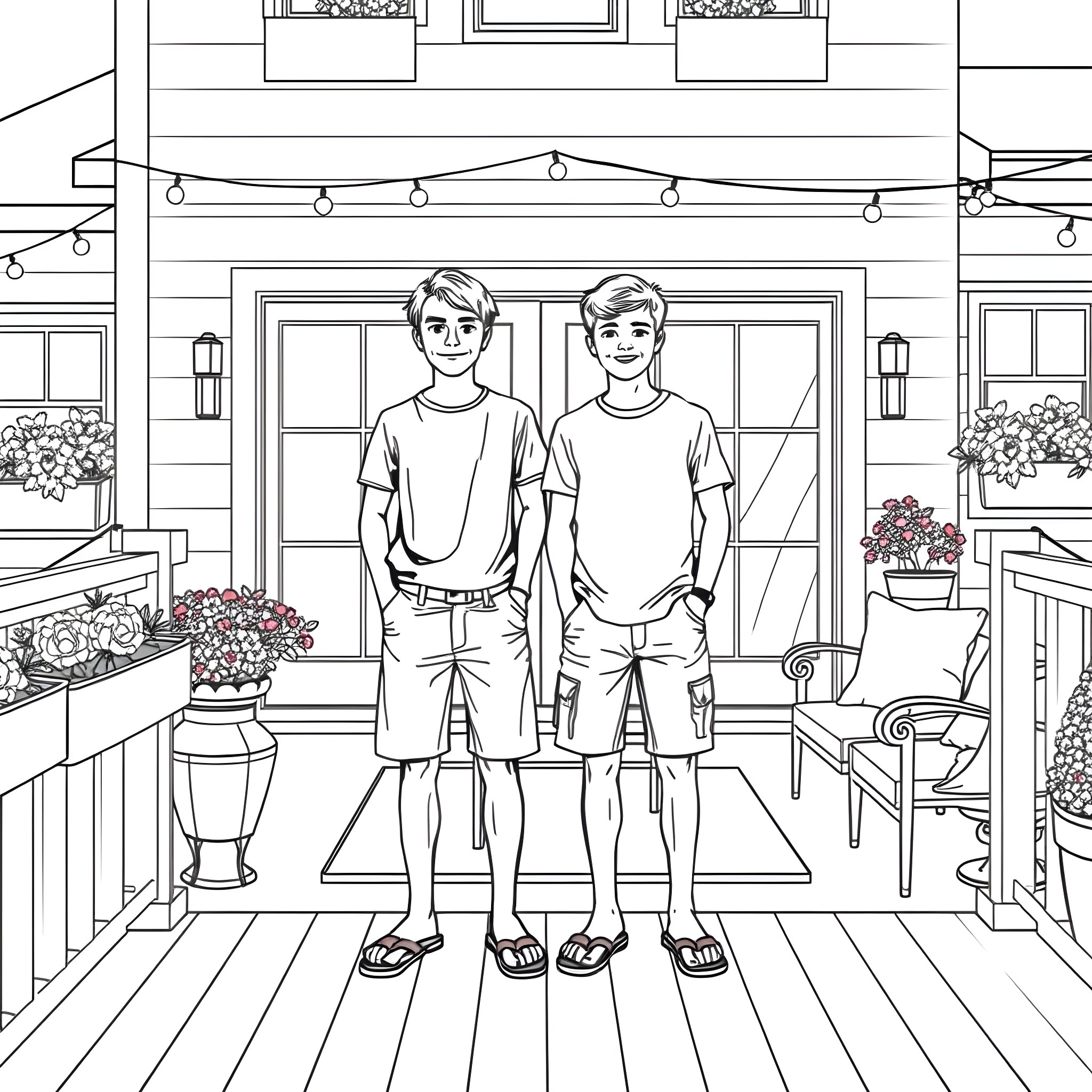 Teen Guys Hanging Out on Front Porch of Home Coloring Page (free black-and-white line drawing printable PDF for all, from beginners to advanced learners, including children, teens, adults, and seniors)