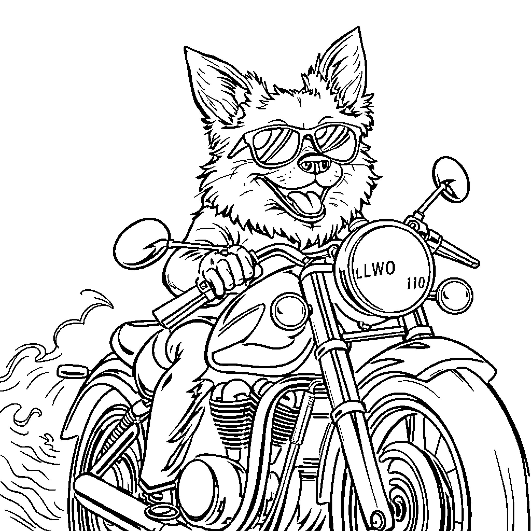 Dog riding a motorcycle with sunglasses Coloring Page (free black-and-white line drawing printable PDF for all, from beginners to advanced learners, including children, teens, adults, and seniors)