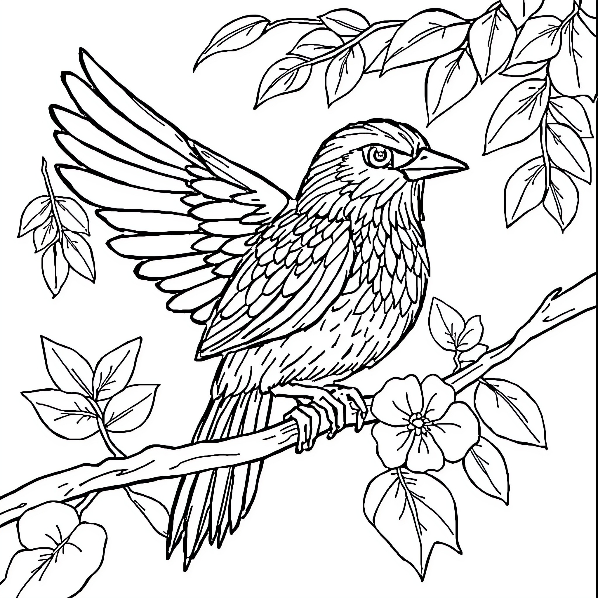 Counting birds perched among lush floral foliage Coloring Page (free black-and-white line drawing printable PDF for all, from beginners to advanced learners, including children, teens, adults, and seniors)