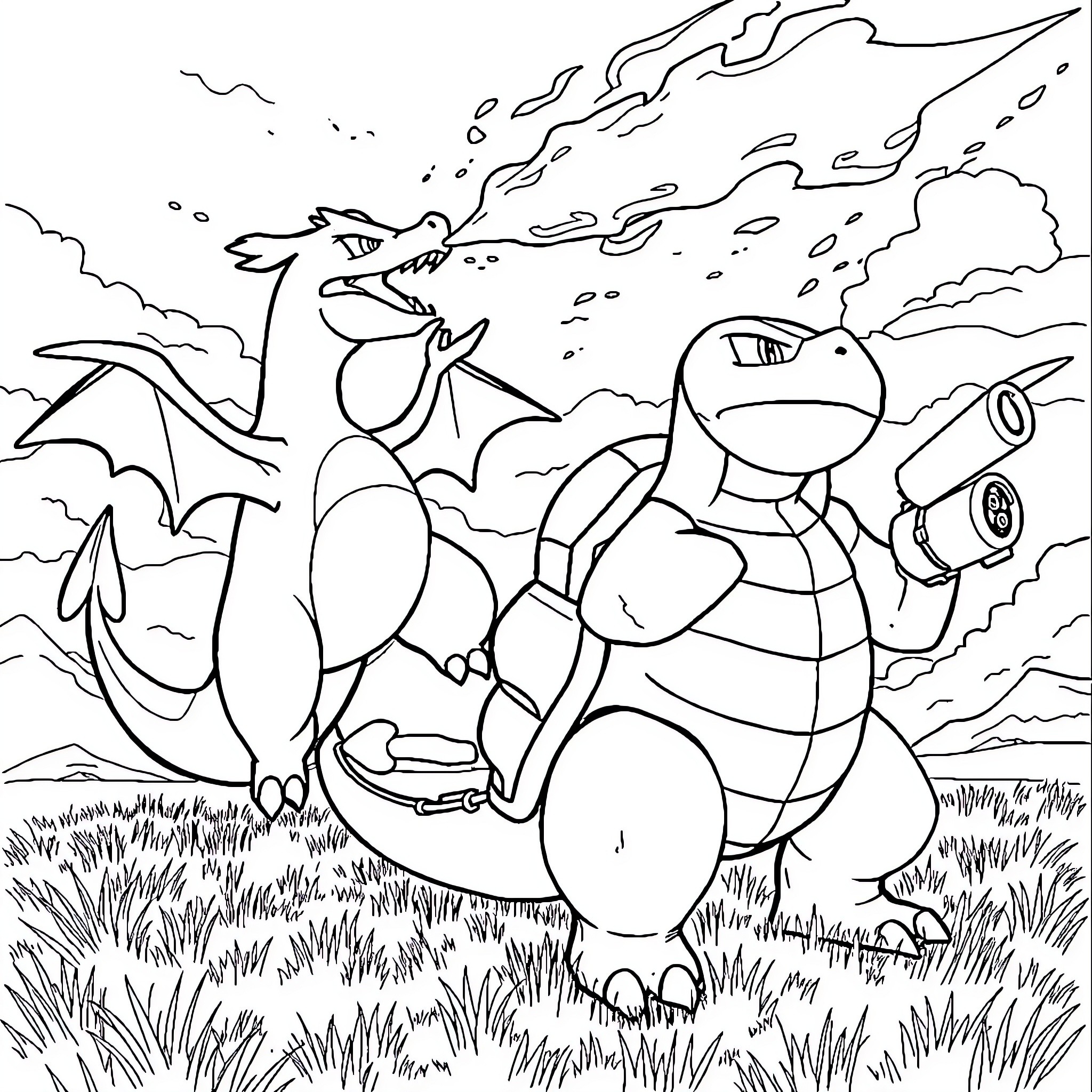 Charizard and Blastoise in an epic battle Coloring Page (free black-and-white line drawing printable PDF for all, from beginners to advanced learners, including children, teens, adults, and seniors)