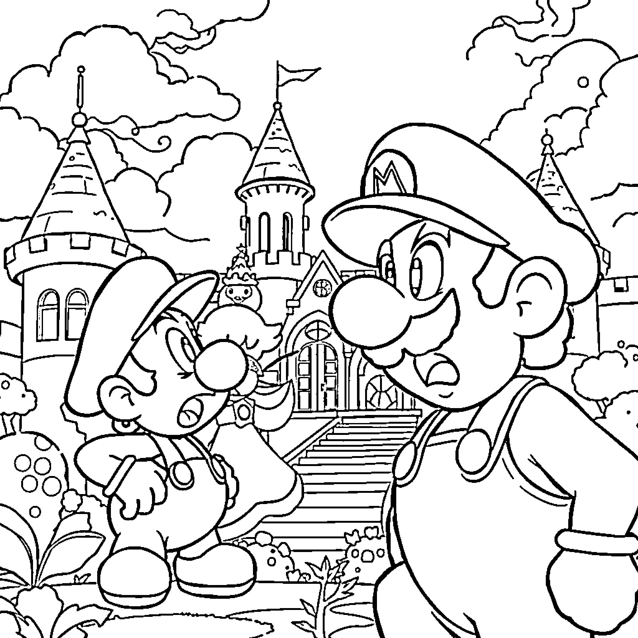 Mario's Adventure in a Whimsical Kingdom Coloring Page (free black-and-white line drawing printable PDF for all, from beginners to advanced learners, including children, teens, adults, and seniors)