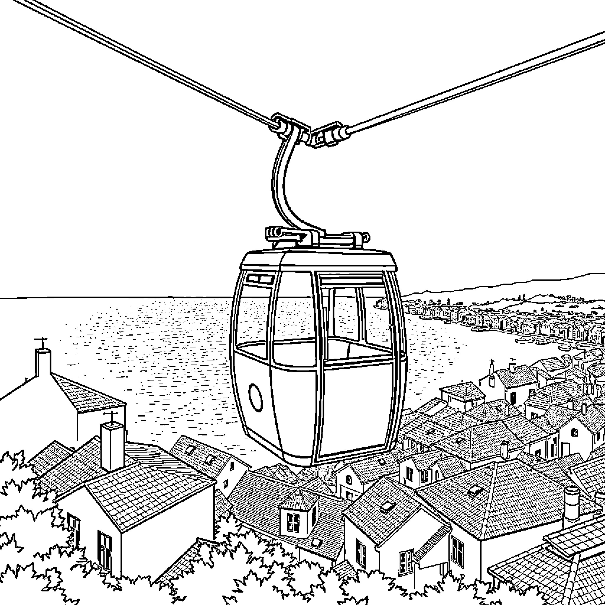 Cable Car Ascending Over Picturesque Cityscape Coloring Page (free black-and-white line drawing printable PDF for all, from beginners to advanced learners, including children, teens, adults, and seniors)