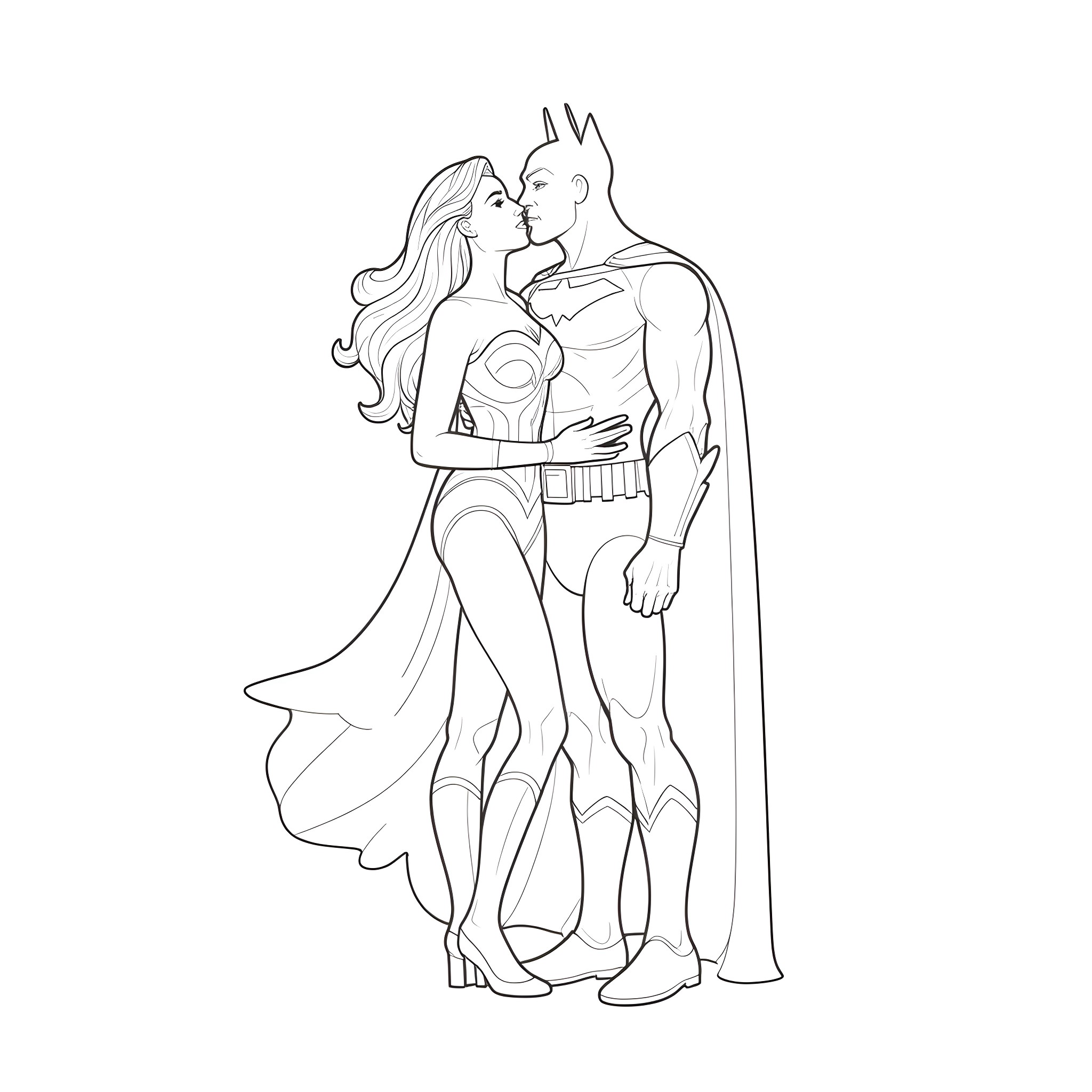 Wonder Woman and Batman embracing passionately Coloring Page (free black-and-white line drawing printable PDF for all, from beginners to advanced learners, including children, teens, adults, and seniors)