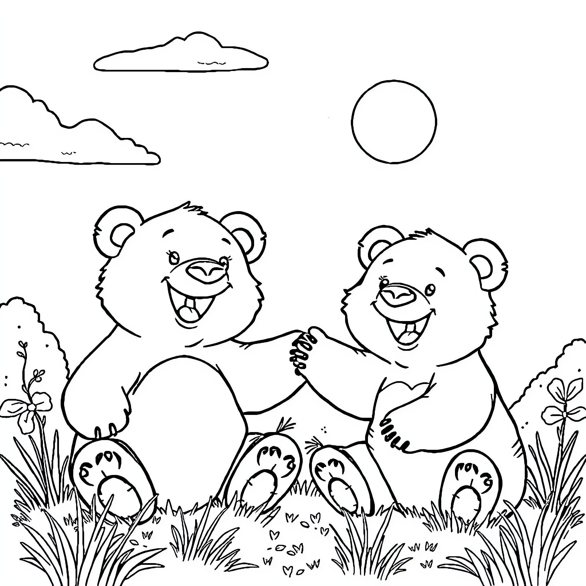 Bear friends playing joyfully in the meadow Coloring Page (free black-and-white line drawing printable PDF for all, from beginners to advanced learners, including children, teens, adults, and seniors)