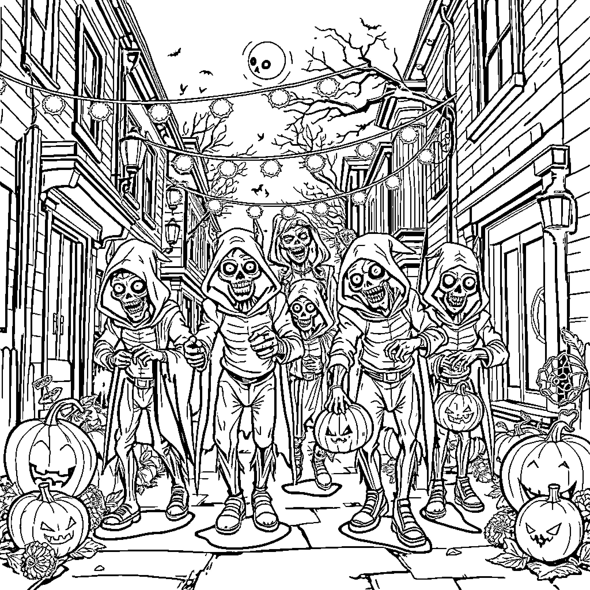 Zombie Ghouls Parading Through Eerie Street Coloring Page (free black-and-white line drawing printable PDF for all, from beginners to advanced learners, including children, teens, adults, and seniors)
