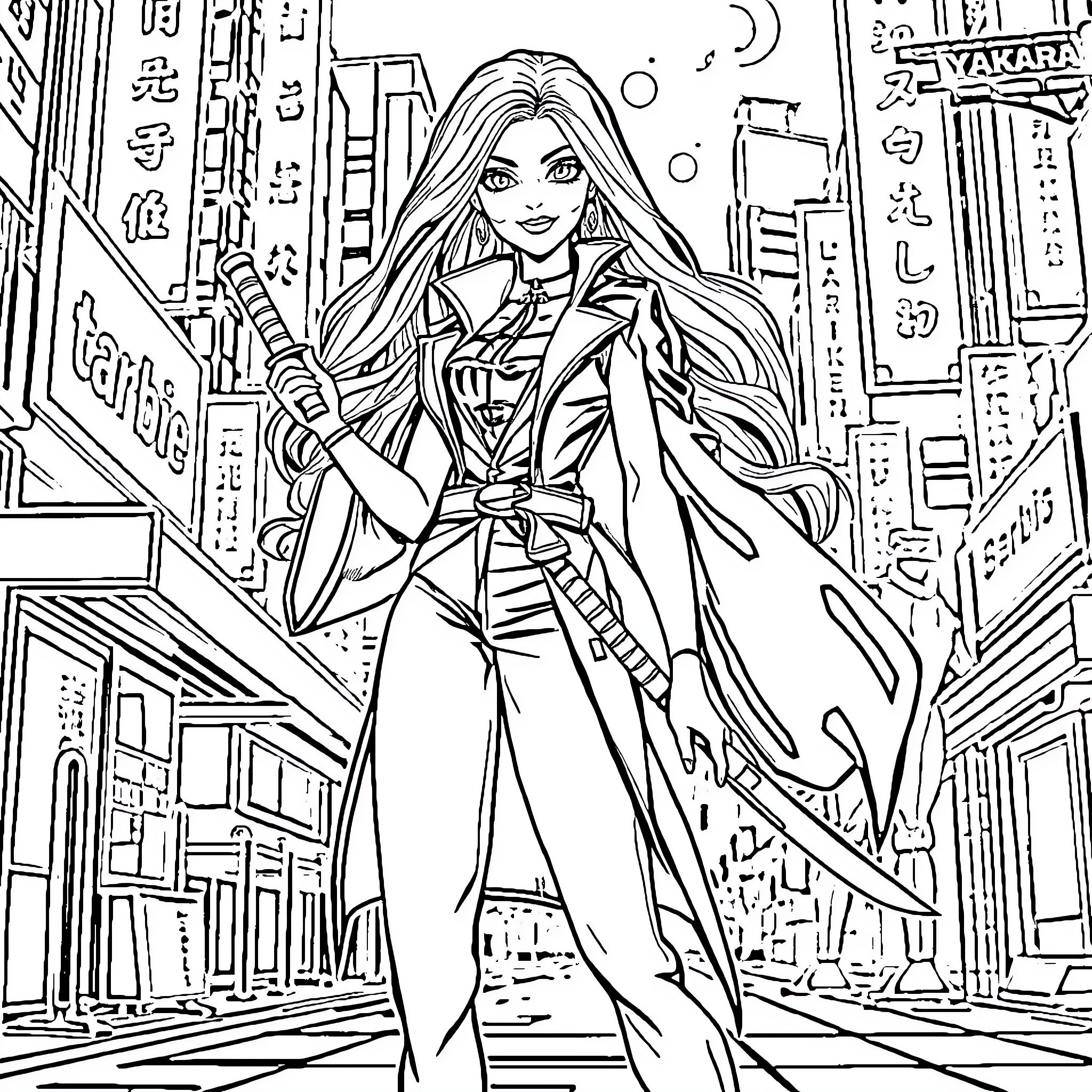 Barbie Exploring the Vibrant City Skyline Coloring Page (free black-and-white line drawing printable PDF for all, from beginners to advanced learners, including children, teens, adults, and seniors)
