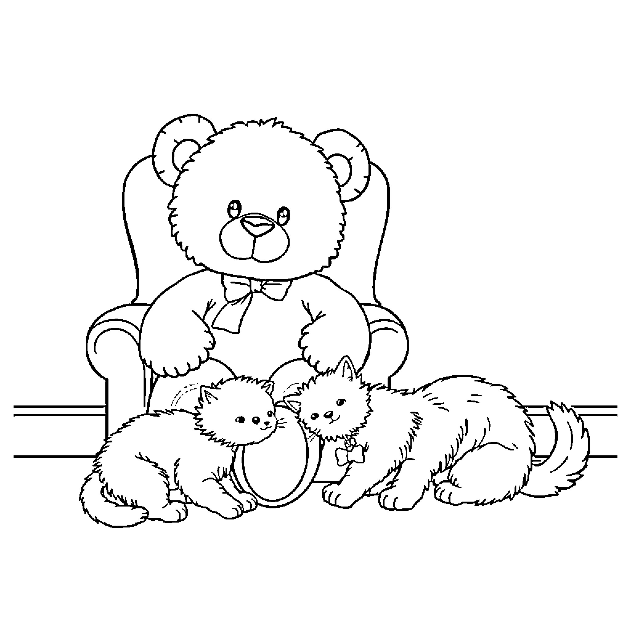 Teddybear with kittens sitting on a chair Coloring Page (free black-and-white line drawing printable PDF for all, from beginners to advanced learners, including children, teens, adults, and seniors)