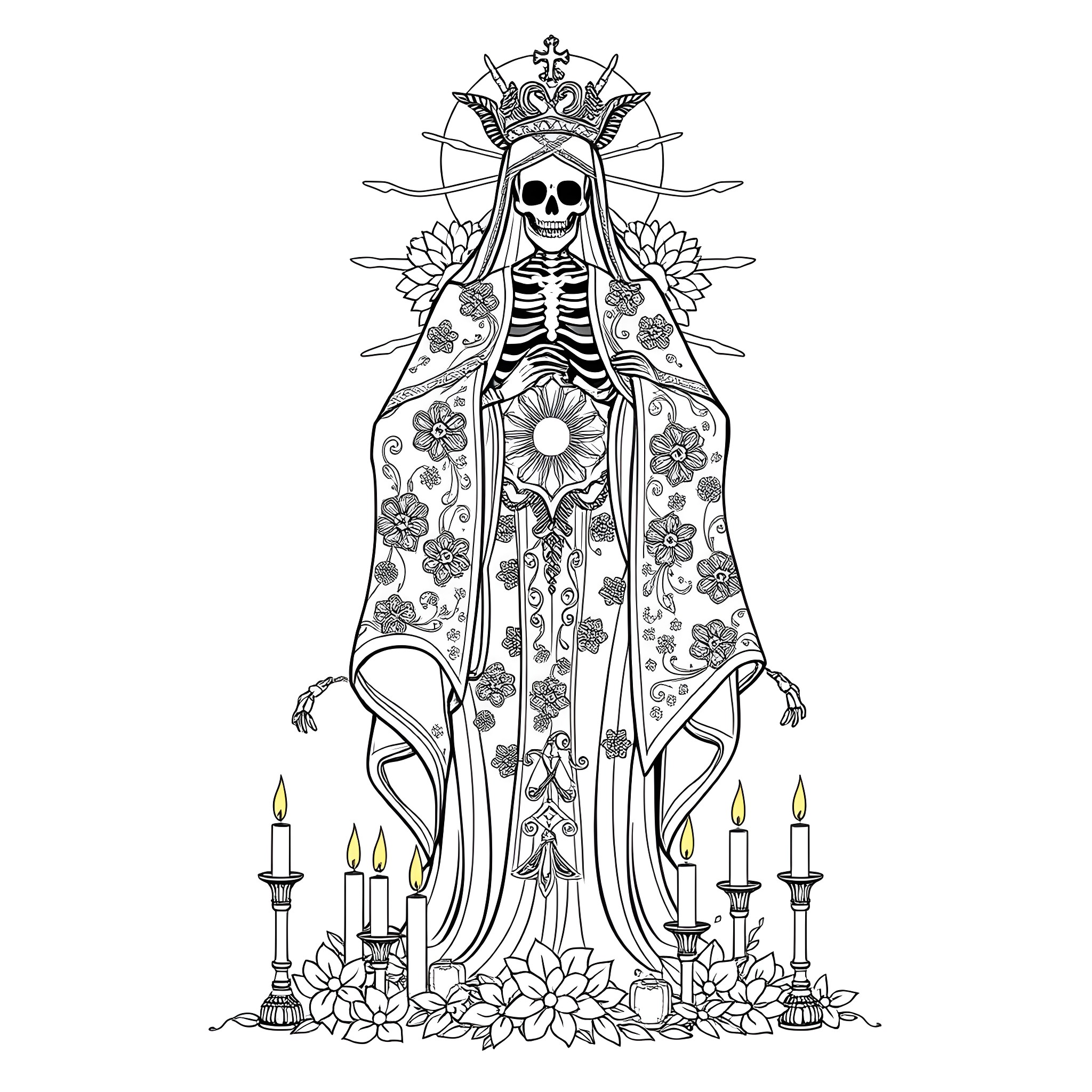 Santa Muerte - Skeleton Deity in Ornate Floral Robes Coloring Page (free black-and-white line drawing printable PDF for all, from beginners to advanced learners, including children, teens, adults, and seniors)