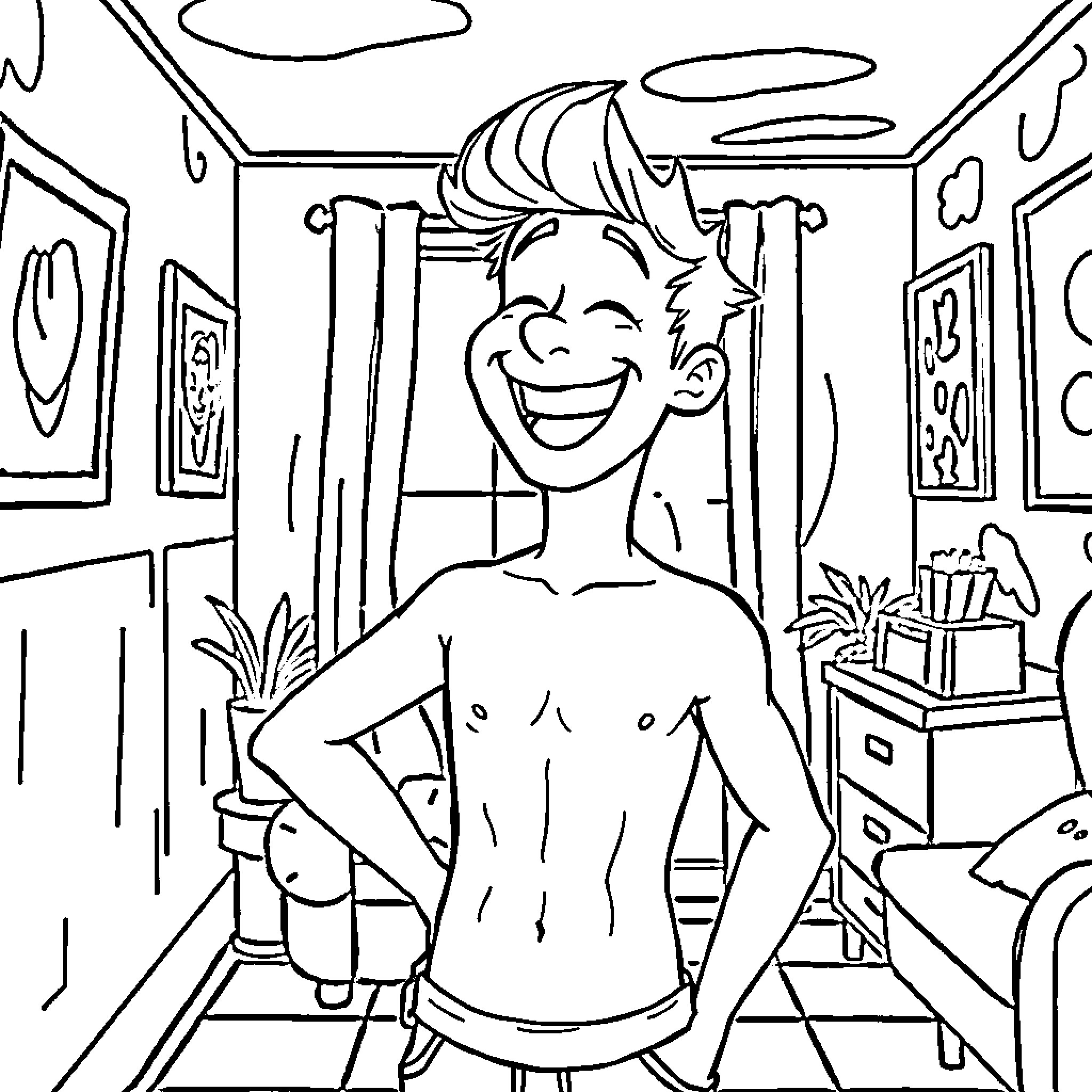 Gibby's Mischievous Antics in His Bedroom Coloring Page (free black-and-white line drawing printable PDF for all, from beginners to advanced learners, including children, teens, adults, and seniors)