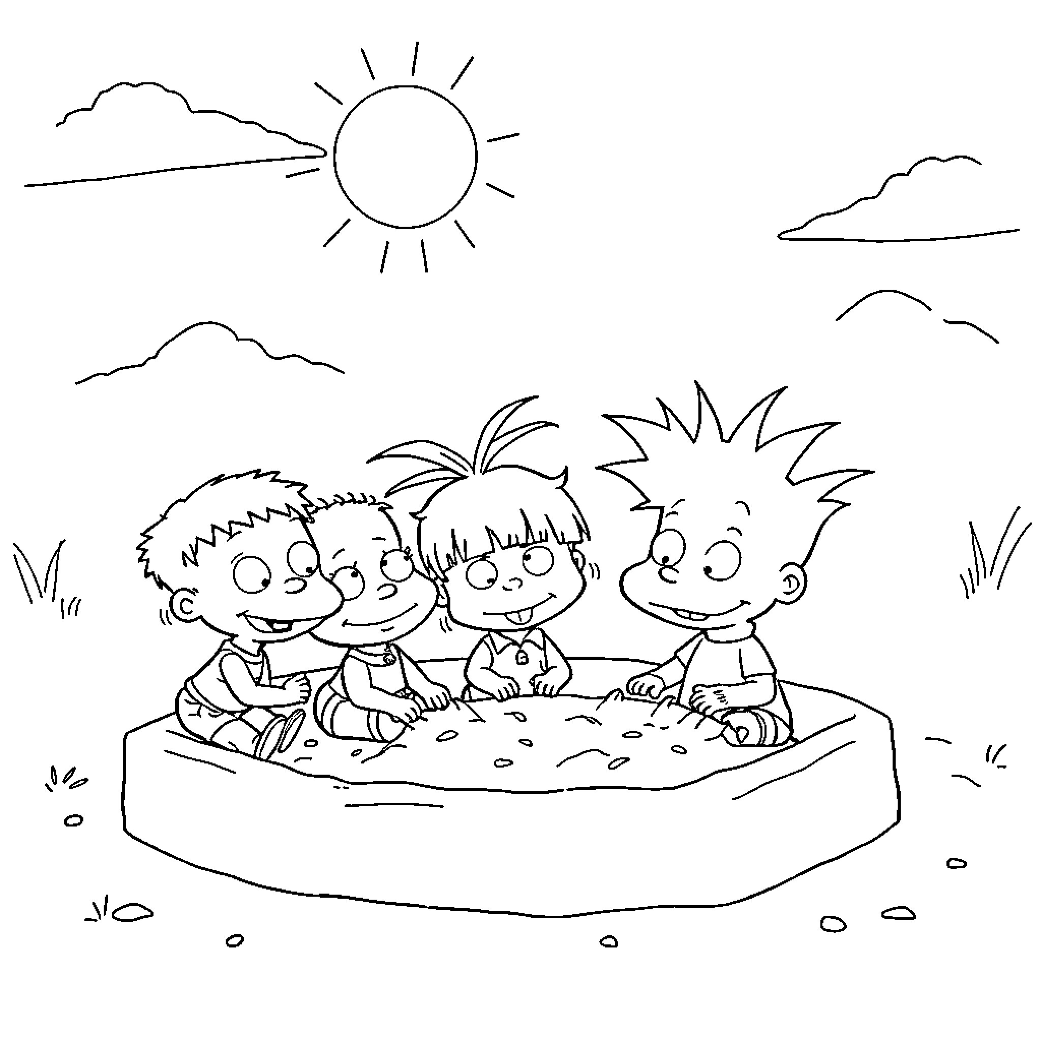 Rugrat friends playing in sandbox under the sun Coloring Page (free black-and-white line drawing printable PDF for all, from beginners to advanced learners, including children, teens, adults, and seniors)
