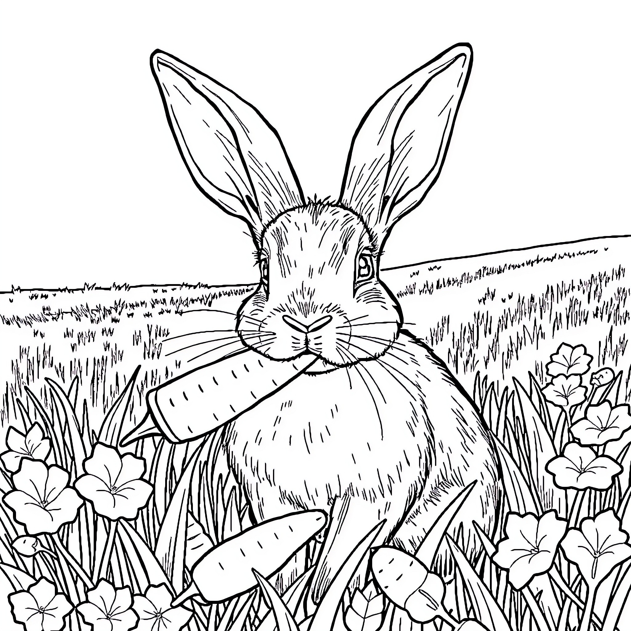 Rabbit peeking out from the garden flowers Coloring Page (free black-and-white line drawing printable PDF for all, from beginners to advanced learners, including children, teens, adults, and seniors)
