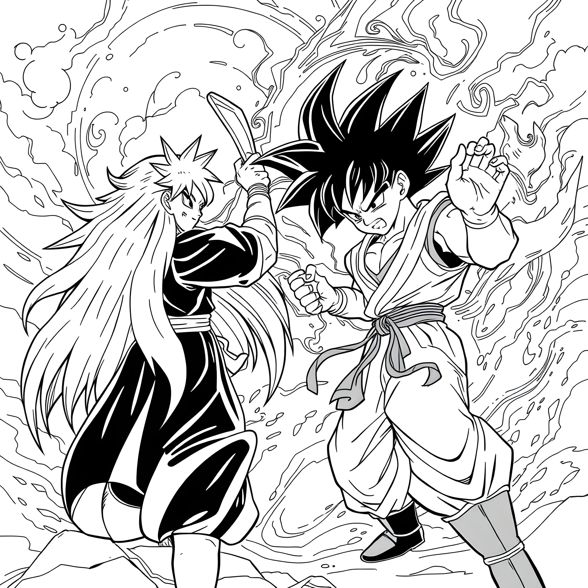 Inuyasha and Goku in epic battle Coloring Page (free black-and-white line drawing printable PDF for all, from beginners to advanced learners, including children, teens, adults, and seniors)