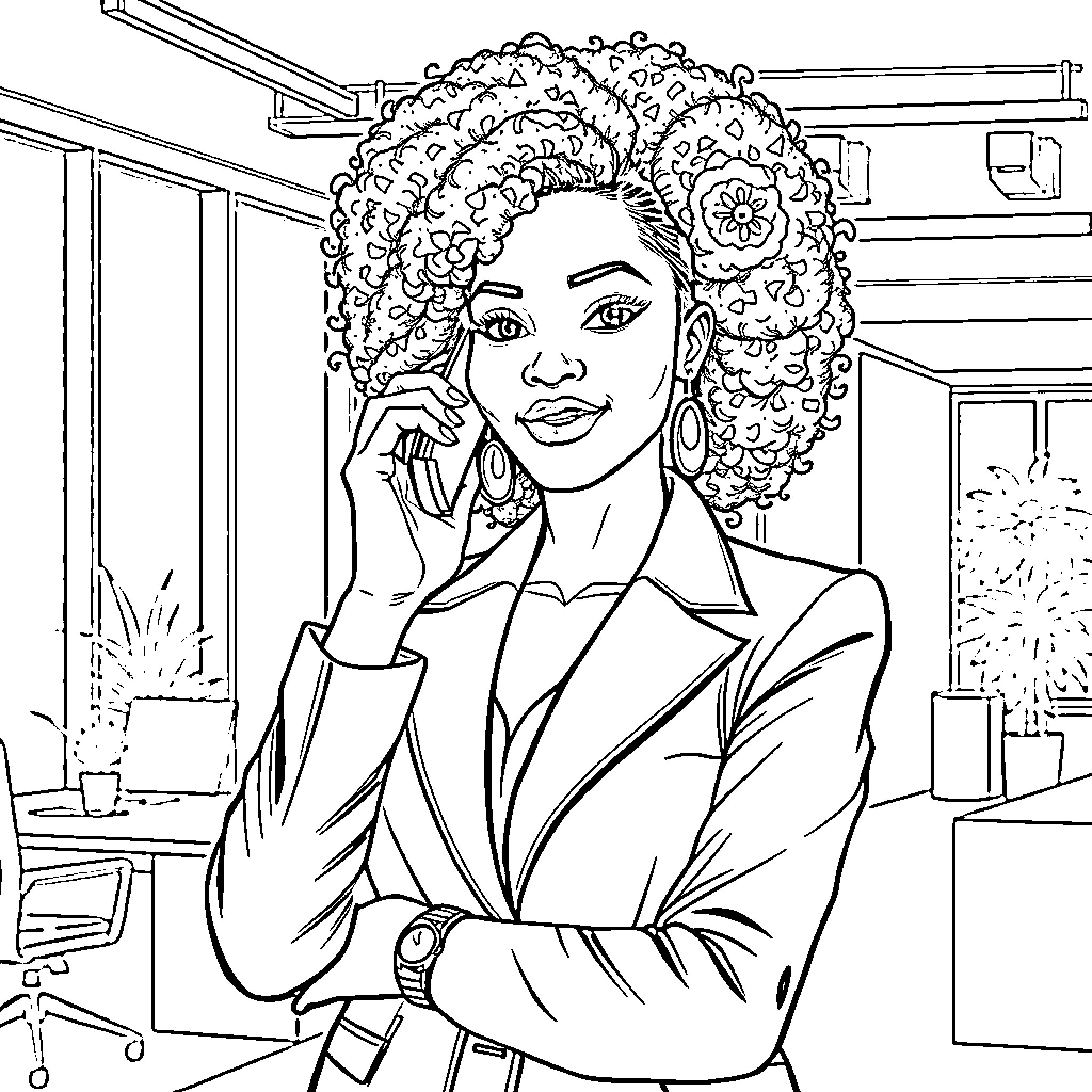 Businesswoman on the phone in the office Coloring Page (free black-and-white line drawing printable PDF for all, from beginners to advanced learners, including children, teens, adults, and seniors)